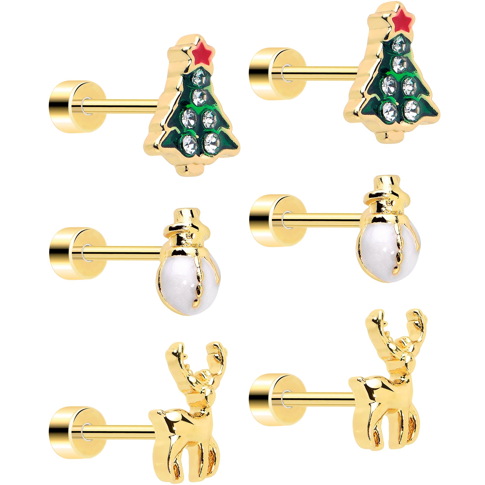 BodyCandy Christmas Flat Back Earrings - 3 Pairs Holiday Tree Reindeer Snowman — main product shot