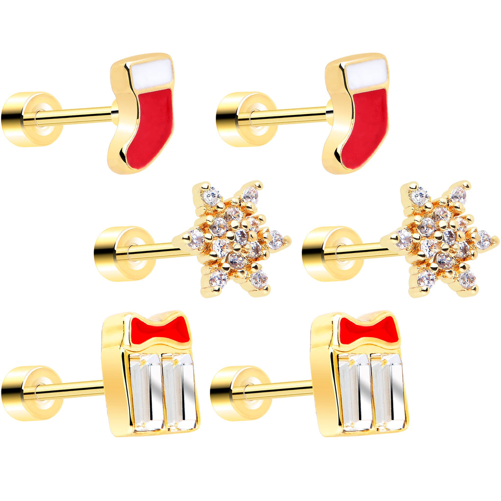 BodyCandy Clear Gem Gold Tone Stocking Christmas Gift Flat Back Earring Set of 6 — main product shot