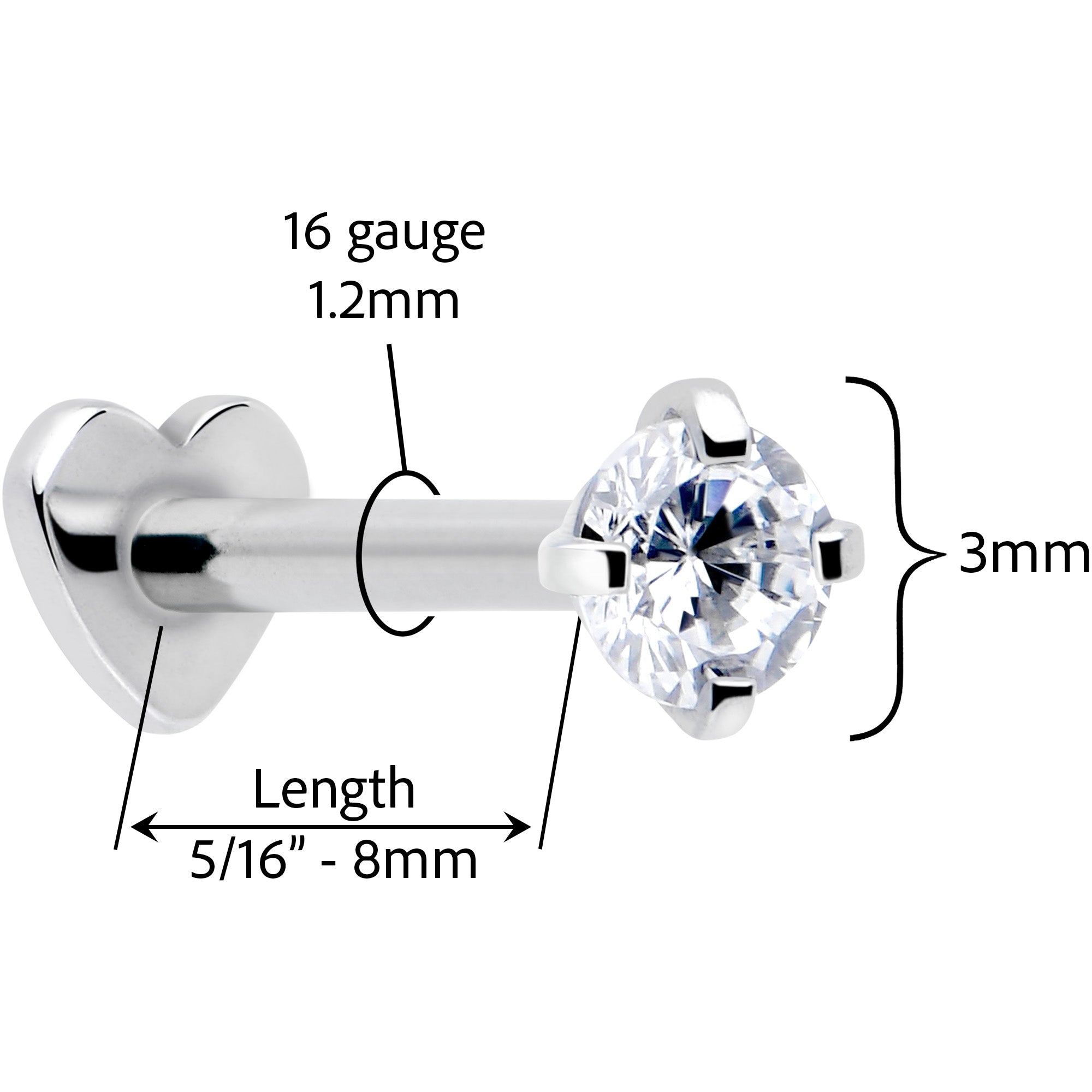 BodyCandy 16G 5/16 Clear CZ Implant Grade Titanium Threadless Reversible Heart Flatback Stud — side view