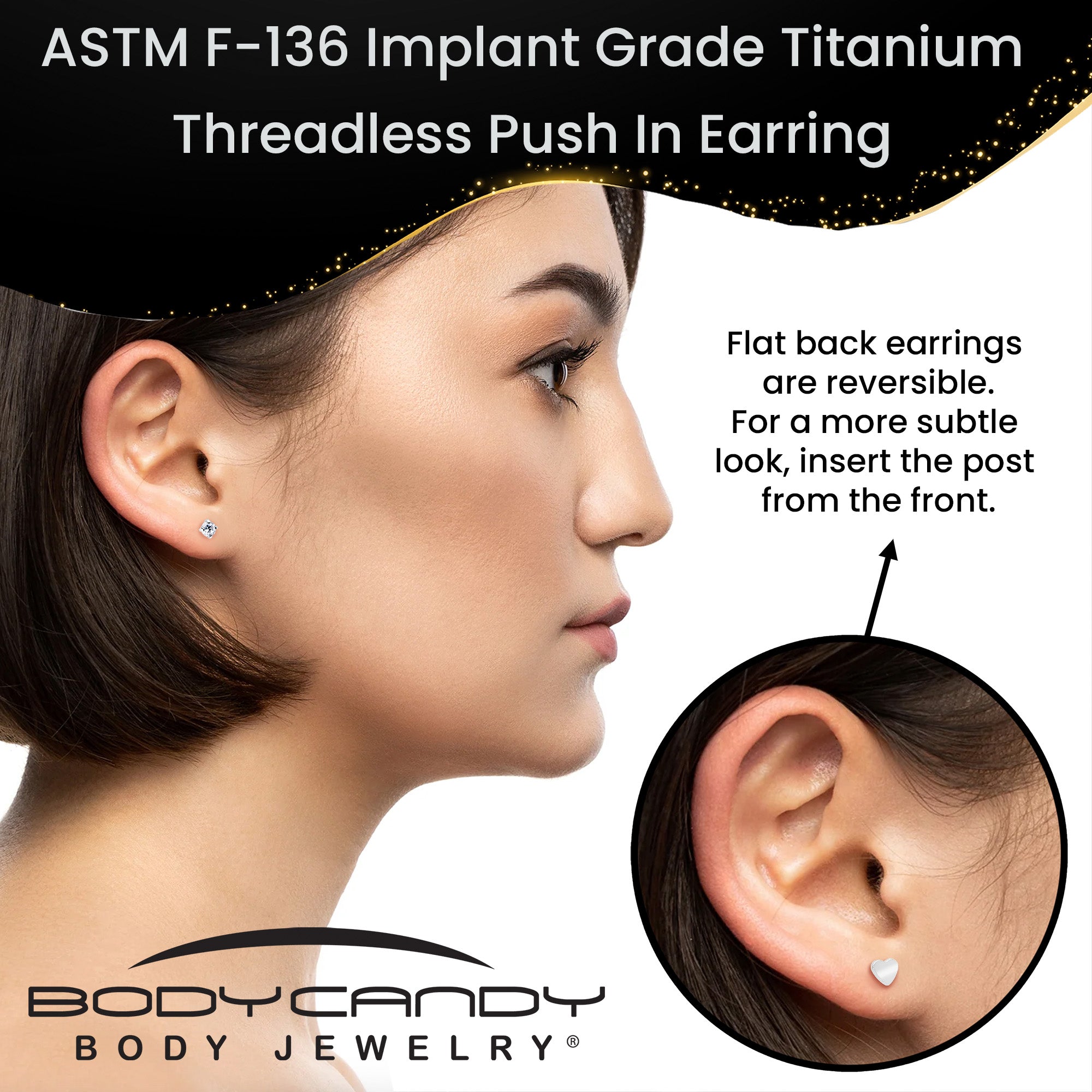BodyCandy 16G 5/16 Clear CZ Implant Grade Titanium Threadless Reversible Heart Flatback Stud — size reference