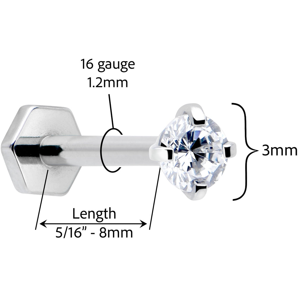 BodyCandy 16G 5/16 Clear Gem Implant Grade Titanium Threadless Reversible Hex Flatback Stud — side view