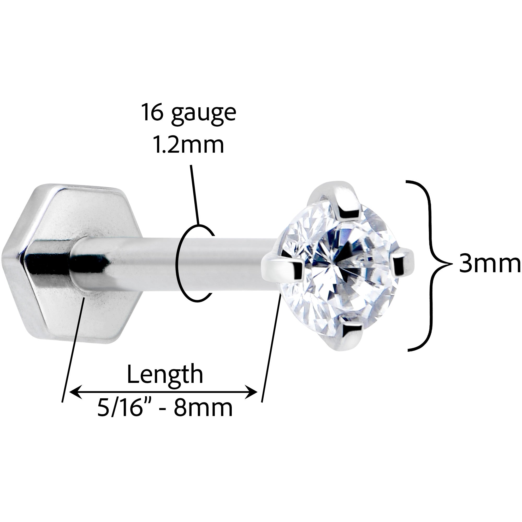 BodyCandy 16G 5/16 Clear Gem Implant Grade Titanium Threadless Reversible Hex Flatback Stud — side view