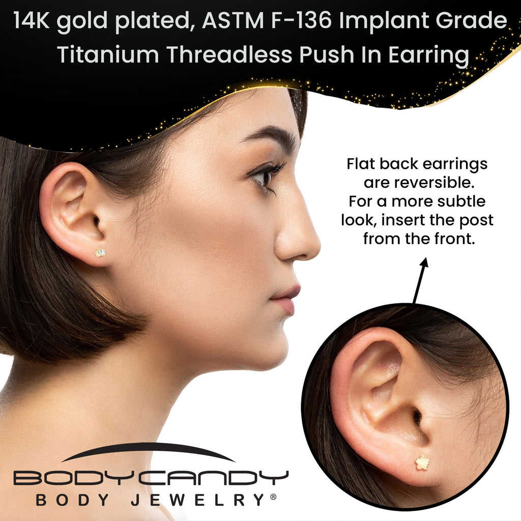 BodyCandy 18G 1/4 Clear Gem 14k Gold Plated Implant Grade Titanium Threadless Flower Reversible Flat Back Earring — size refe