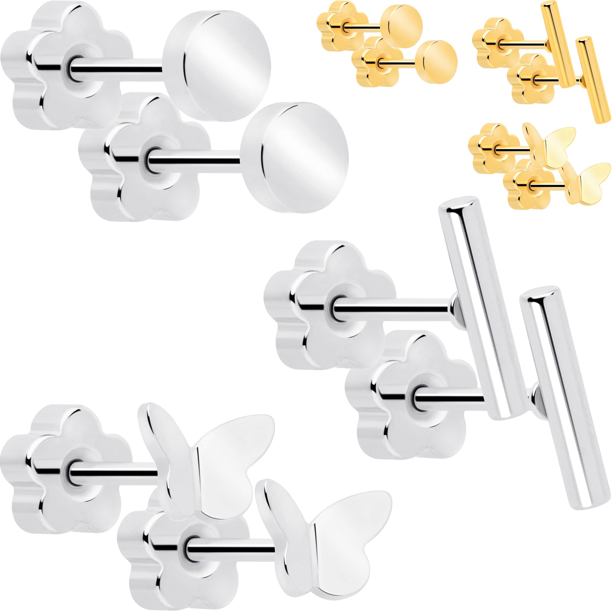 BodyCandy 20G Bar Disc Butterfly Reversible Flower Flat Back Earring Set of 6 — main product shot