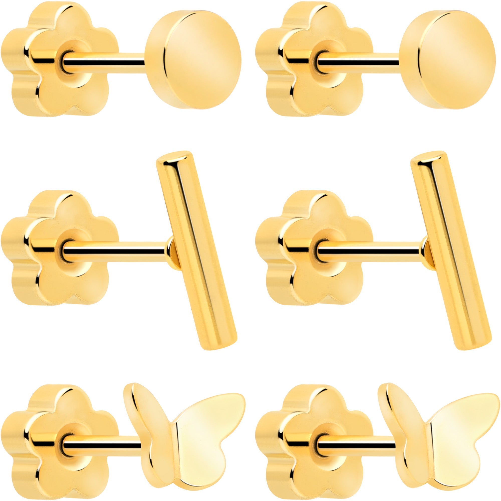 BodyCandy 20G Bar Disc Butterfly Reversible Flower Flat Back Earring Set of 6 — detail close-up