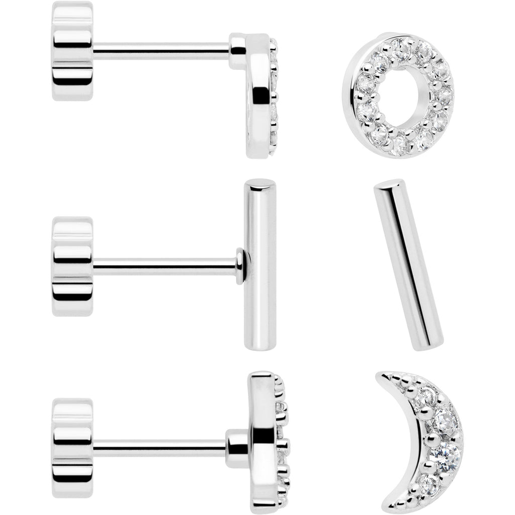 BodyCandy 20G Clear CZ Gem Moon Circle Bar Reversible Flower Flat Back Earring Set of 6 — color detail
