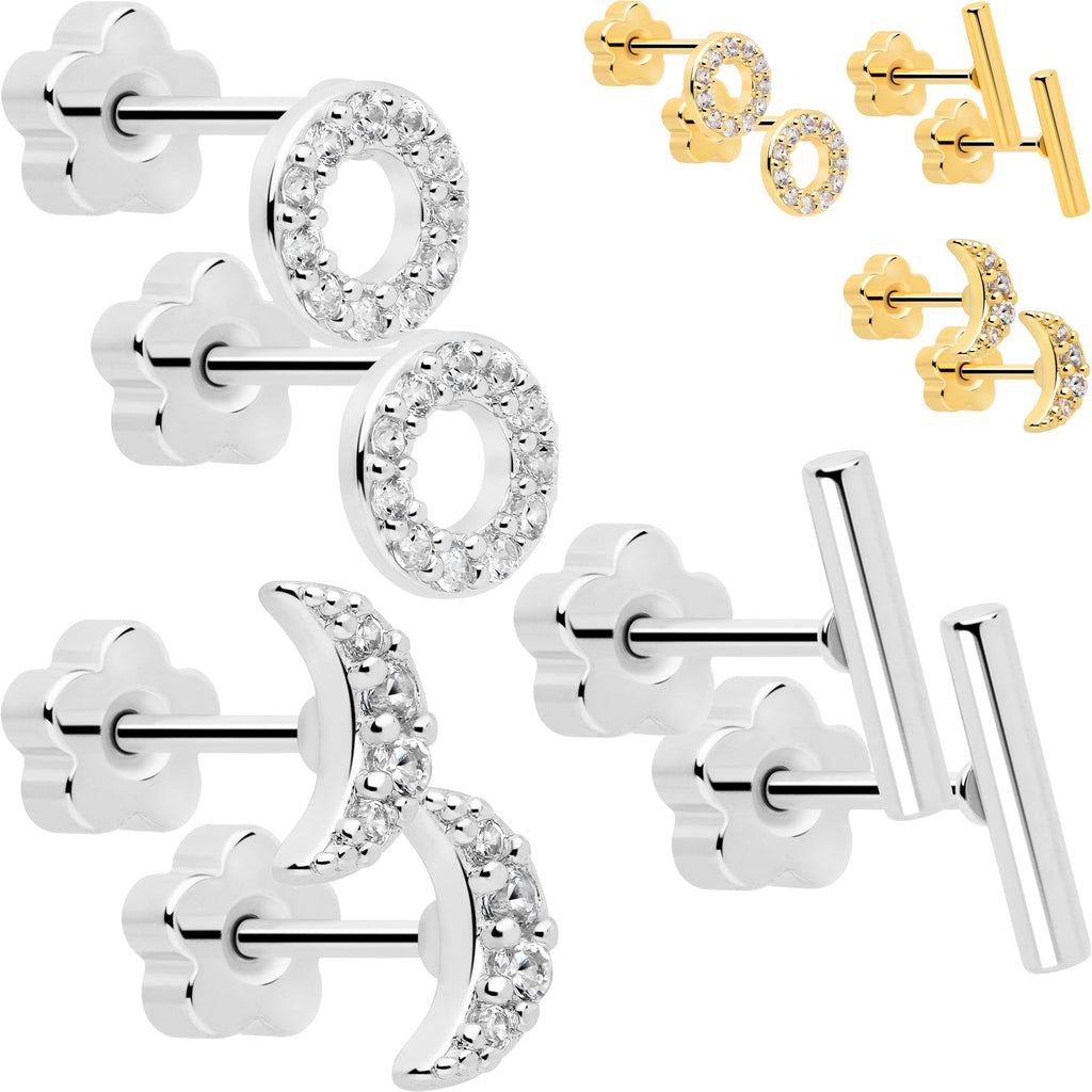 BodyCandy 20G Clear CZ Gem Moon Circle Bar Reversible Flower Flat Back Earring Set of 6 — main product shot