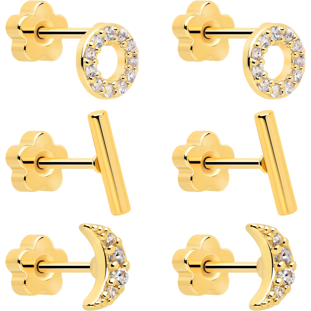 BodyCandy 20G Clear CZ Gem Moon Circle Bar Reversible Flower Flat Back Earring Set of 6 — detail close-up