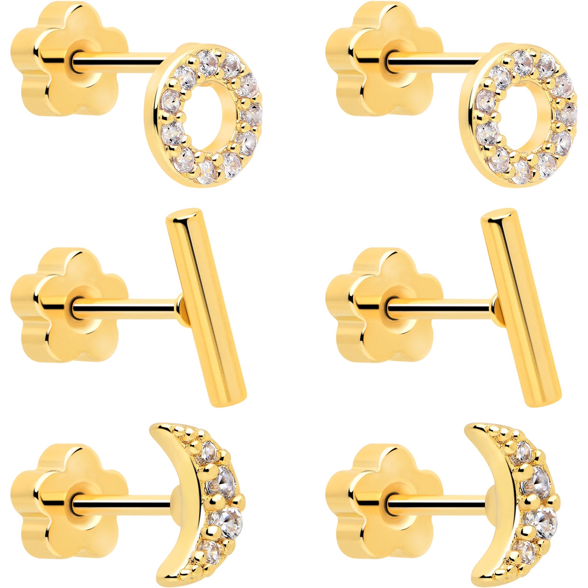 BodyCandy 20G Clear CZ Gem Moon Circle Bar Reversible Flower Flat Back Earring Set of 6 — detail close-up