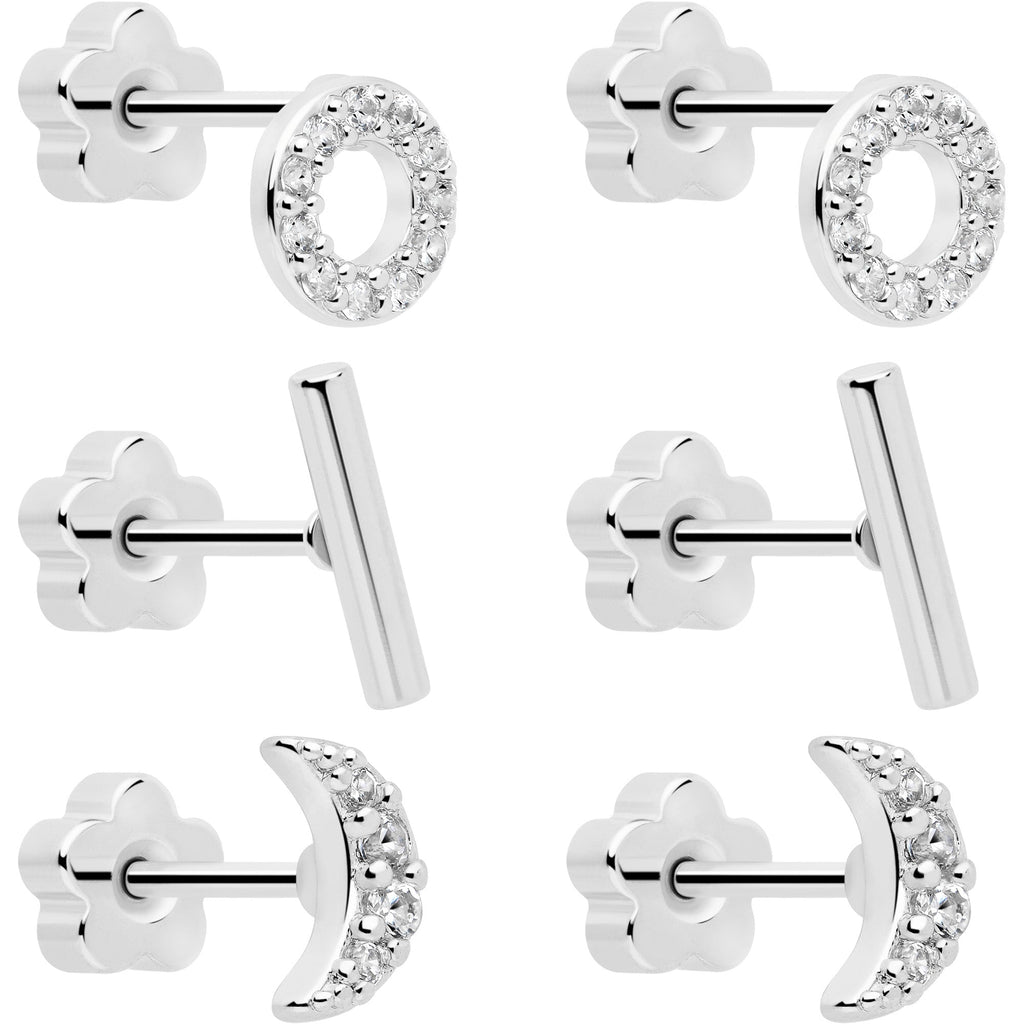 BodyCandy 20G Clear CZ Gem Moon Circle Bar Reversible Flower Flat Back Earring Set of 6 — packaging