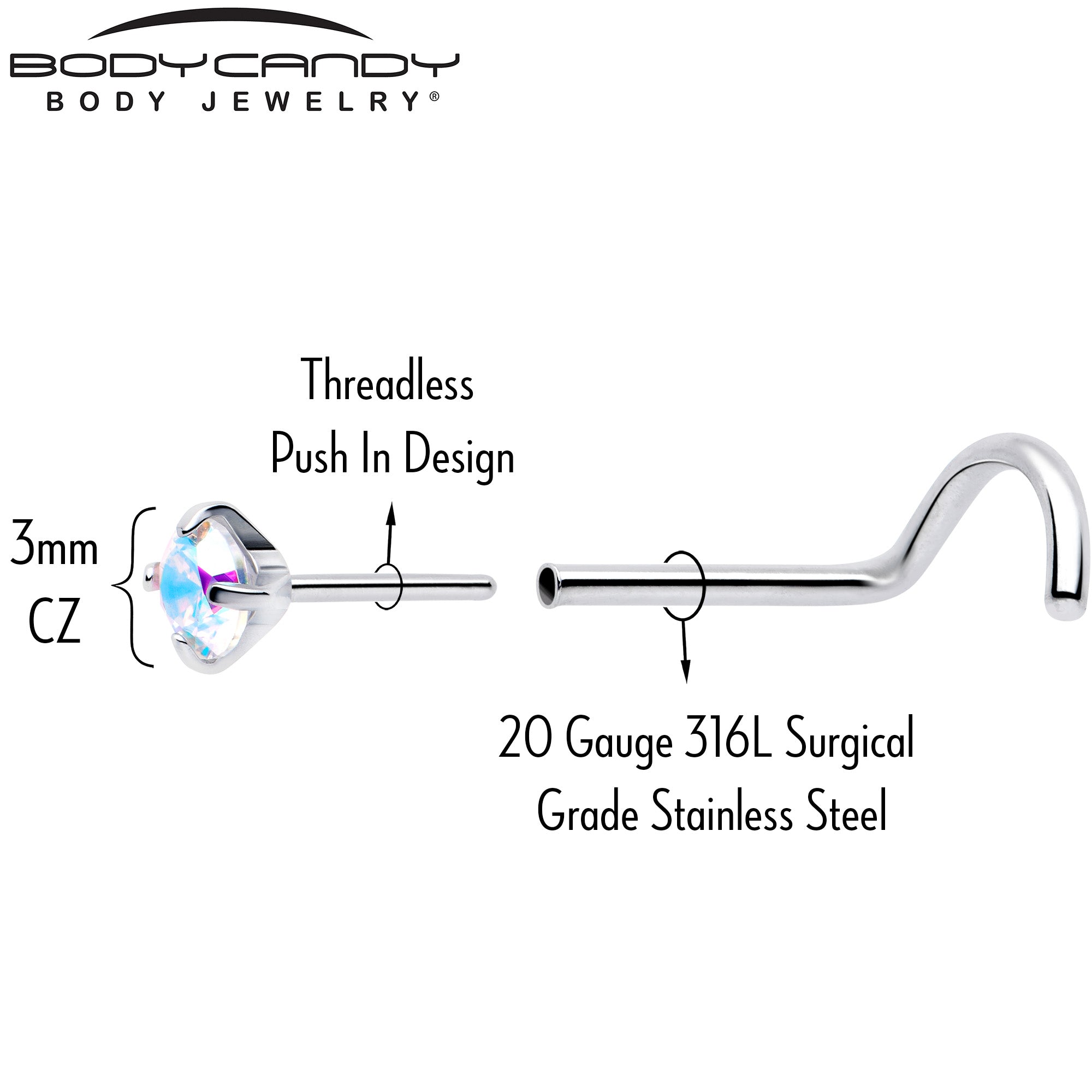 BodyCandy 20G 3mm CZ Prong Set Push-In Threadless Nose Screw Nose Ring — side view