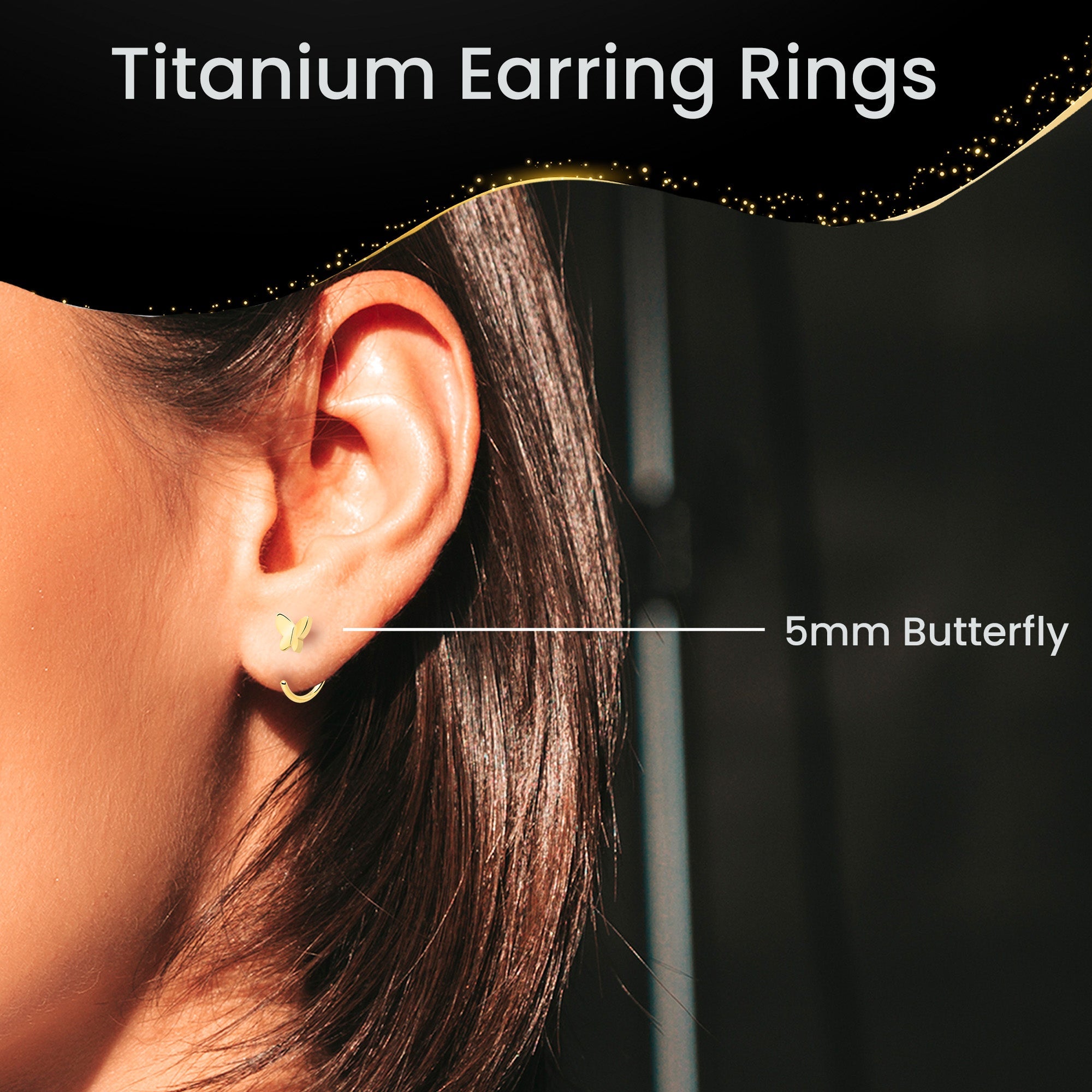 BodyCandy 20G Gold Tone Implant Grade Titanium Butterfly Open Hoop Earring Set — in-use photo