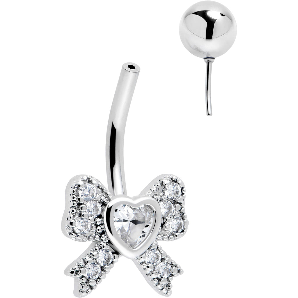 BodyCandy Cubic Zirconia Heart Bow Belly Ring — detail close-up