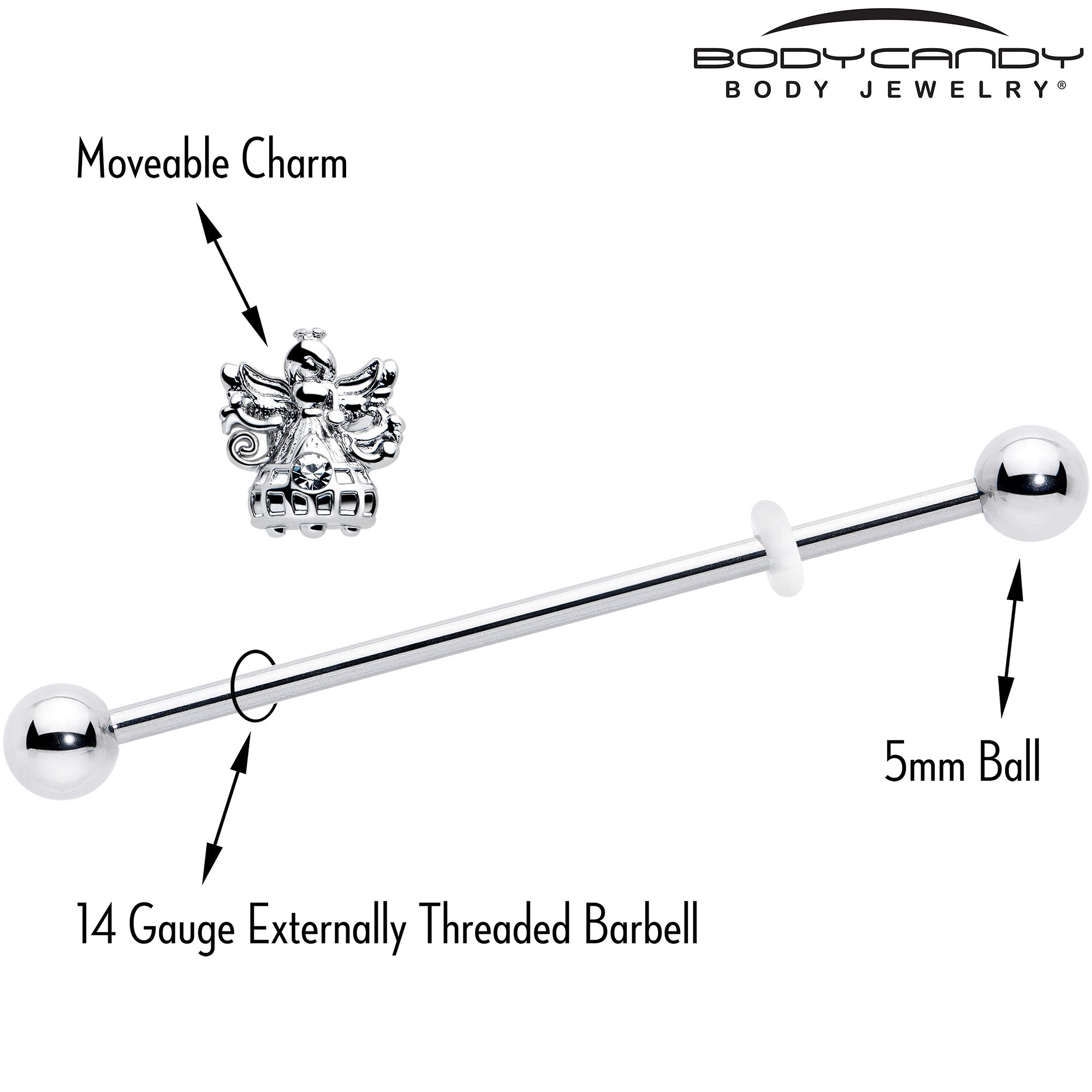 BodyCandy 14G Clear CZ Gem Fabulous Angel Industrial Barbell 38mm — side view
