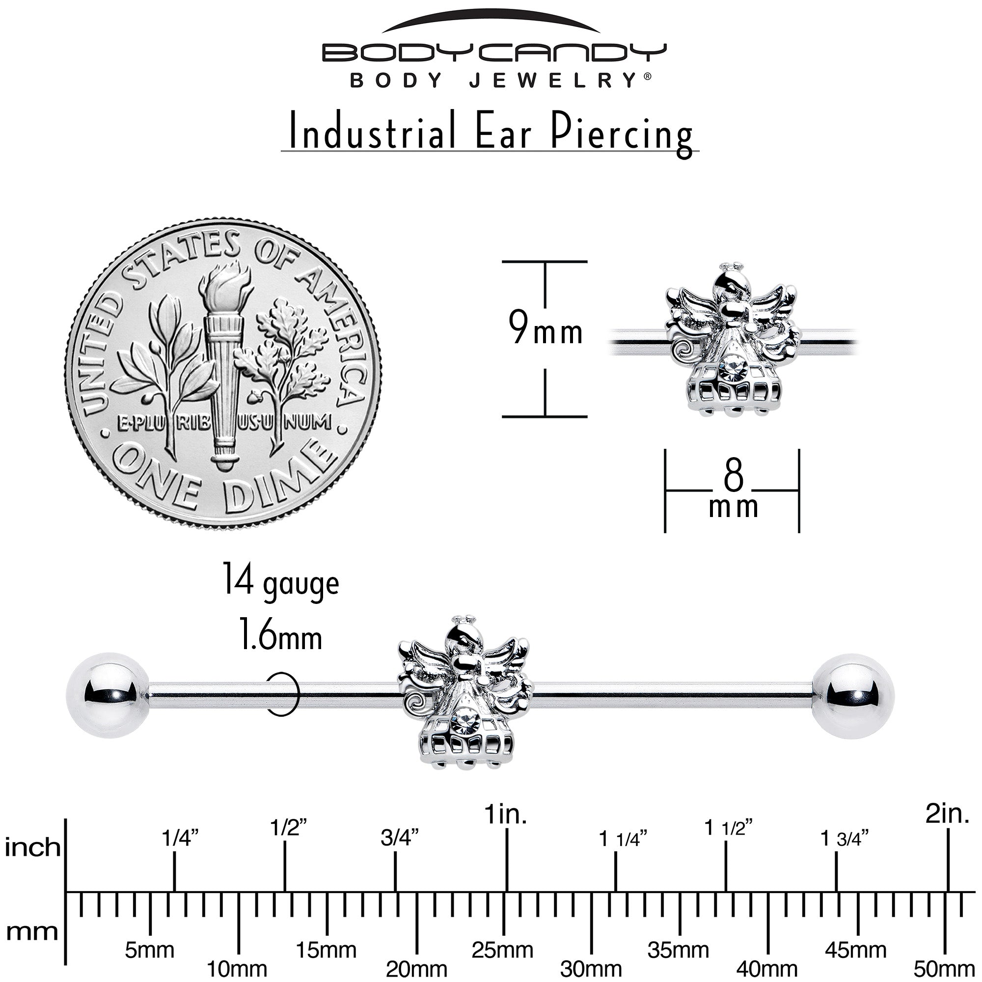 BodyCandy 14G Clear CZ Gem Fabulous Angel Industrial Barbell 38mm — back view