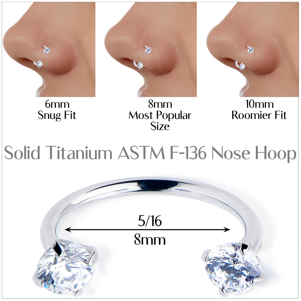 BodyCandy Double Gem Titanium Horseshoe Nose Ring -  Internally Threaded Solid Titanium CZ Horseshoe Nose Hoop — color detail