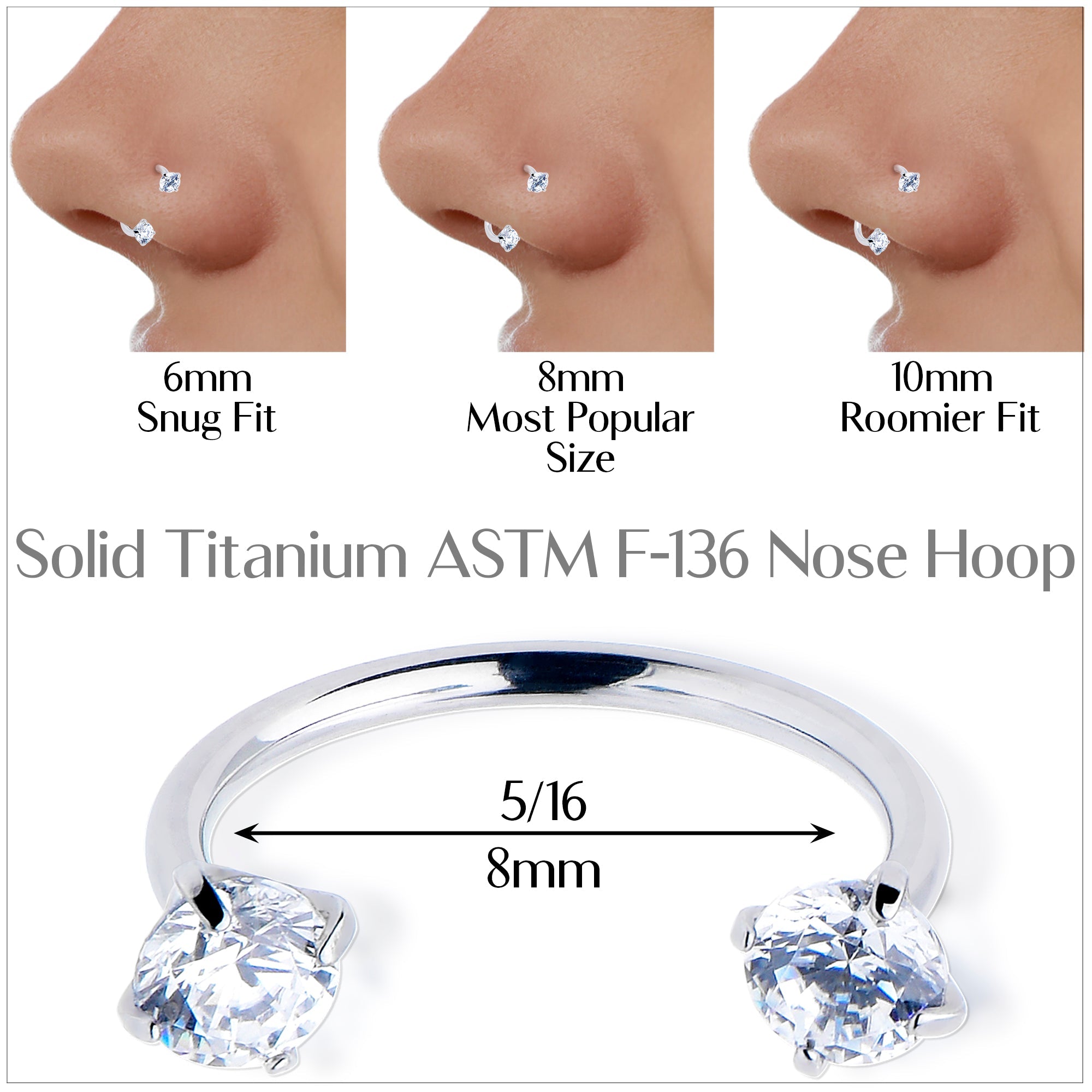 BodyCandy Double Gem Titanium Horseshoe Nose Ring -  Internally Threaded Solid Titanium CZ Horseshoe Nose Hoop — color detail