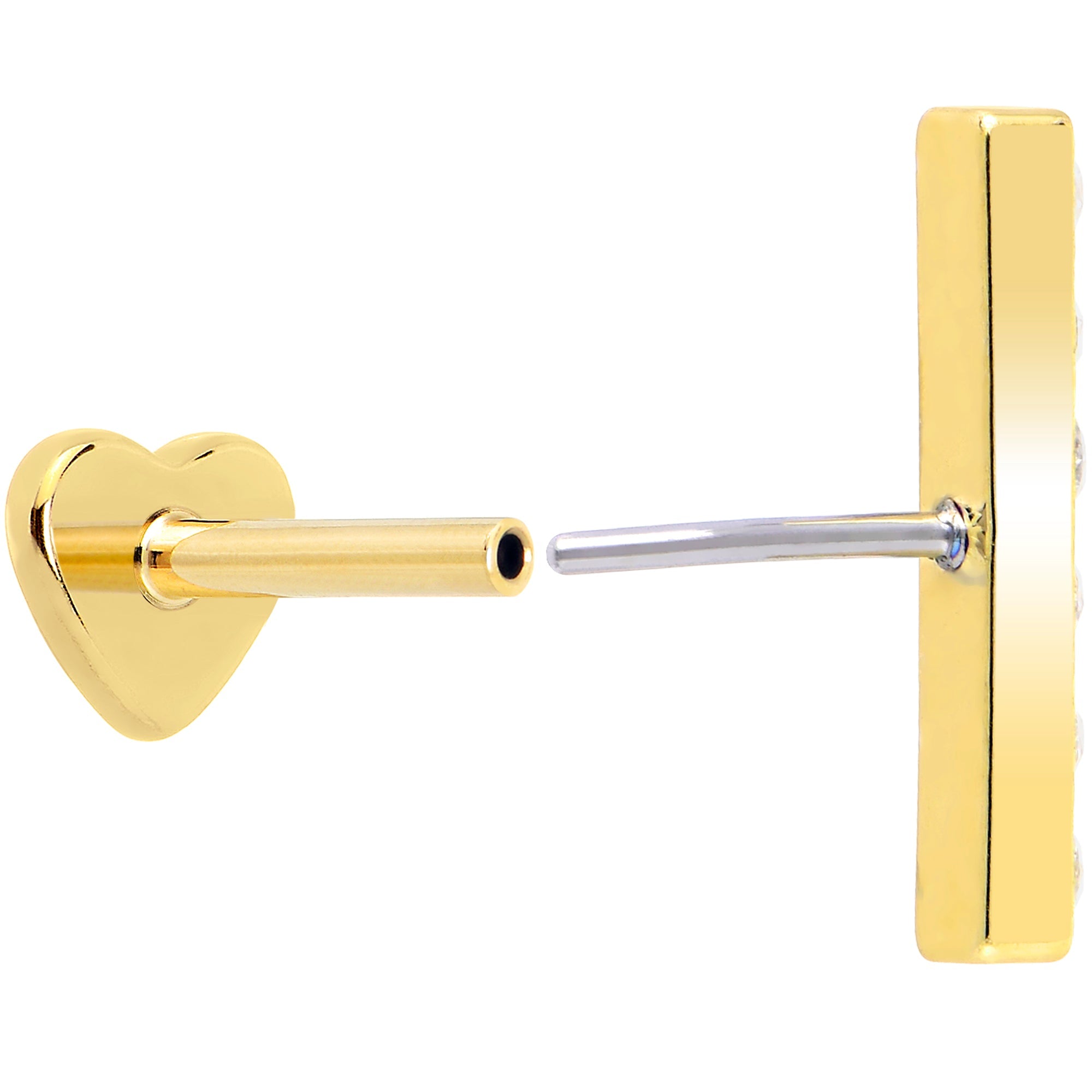 BodyCandy 18G 1/4 Clear Gem Gold Plated Implant Grade Titanium Threadless Bar Flatback Stud — detail close-up