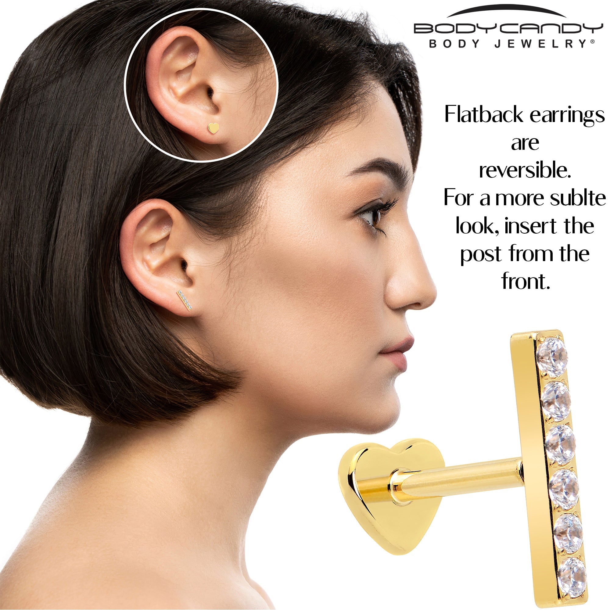 BodyCandy 18G 1/4 Clear Gem Gold Plated Implant Grade Titanium Threadless Bar Flatback Stud — side view