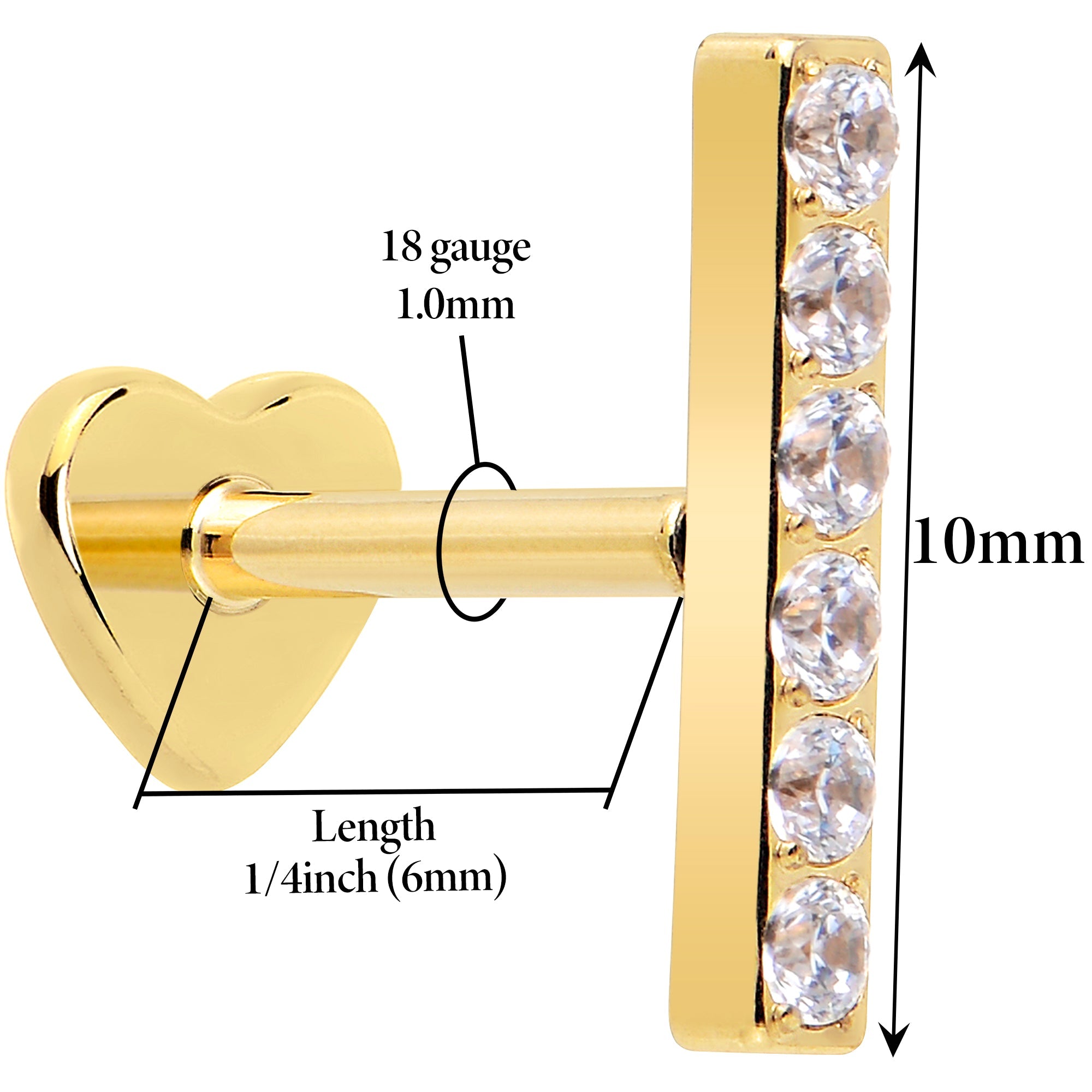 BodyCandy 18G 1/4 Clear Gem Gold Plated Implant Grade Titanium Threadless Bar Flatback Stud — alternative angle