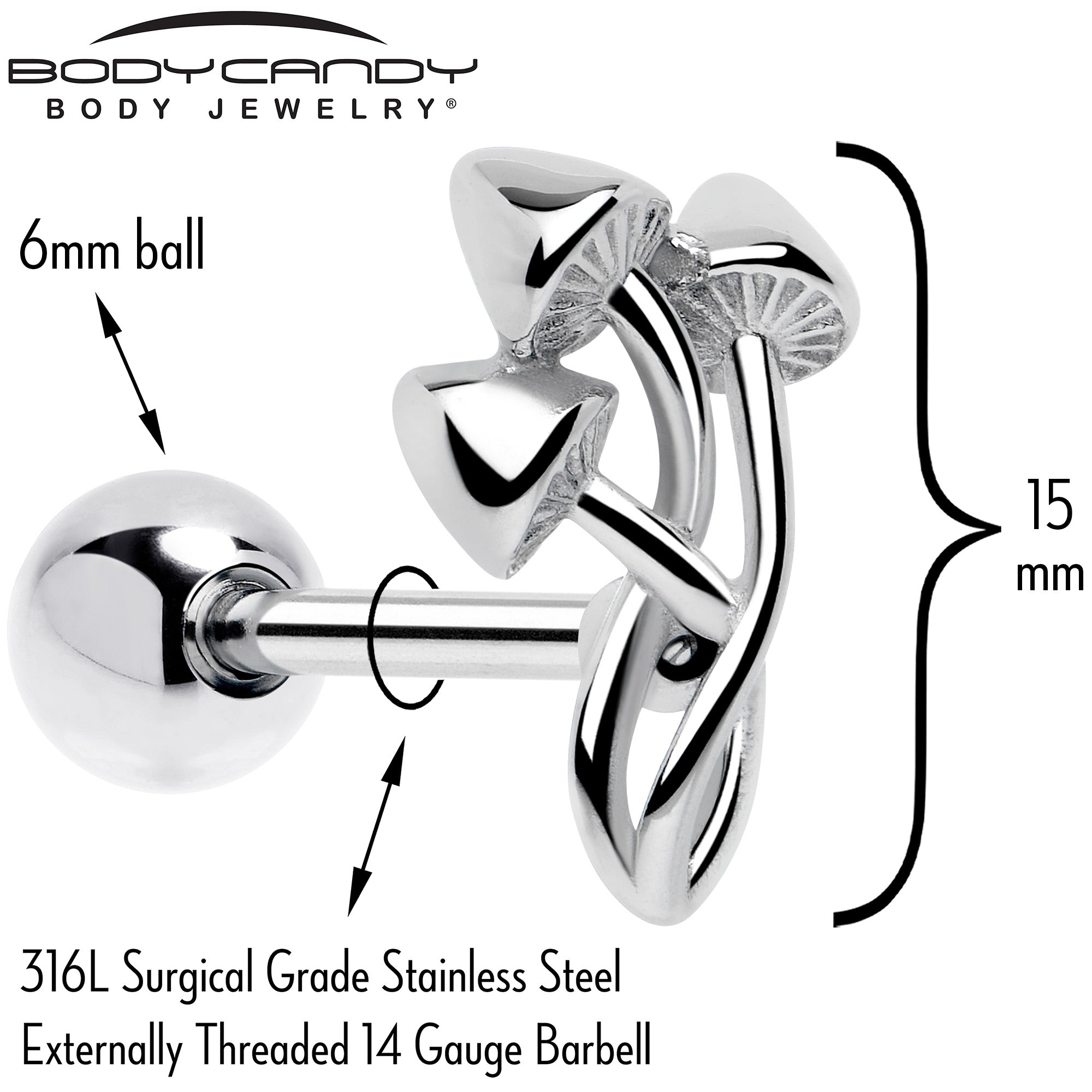 BodyCandy Trippy Mushroom Trio Barbell Tongue Ring — detail close-up