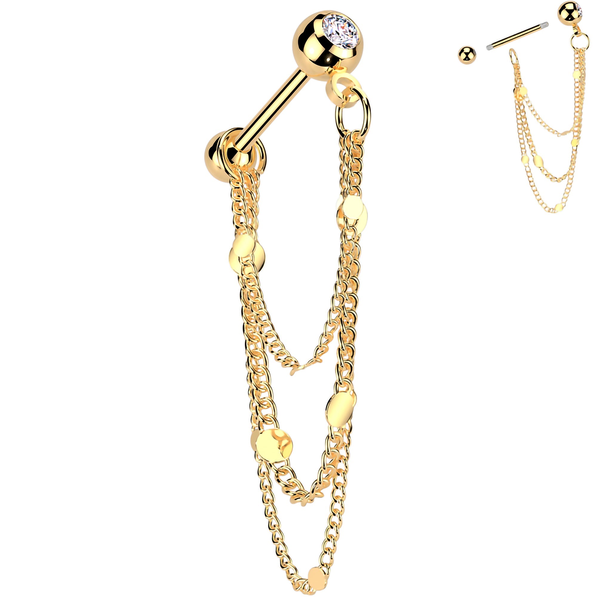 BodyCandy 16G 5/16 CZ Gem Stud Triple Chain Cartilage Earring — detail close-up