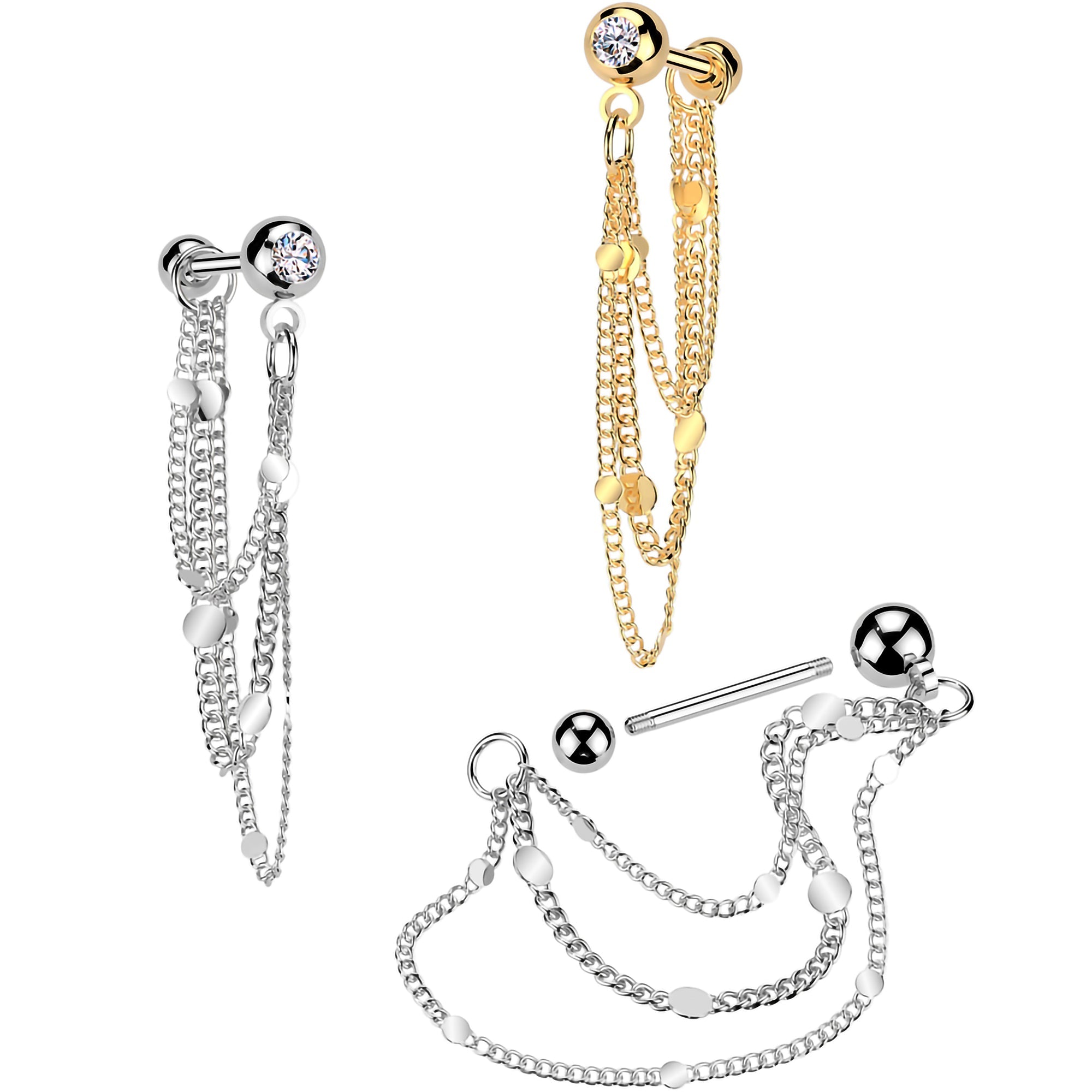 BodyCandy 16G 5/16 CZ Gem Stud Triple Chain Cartilage Earring — main product shot