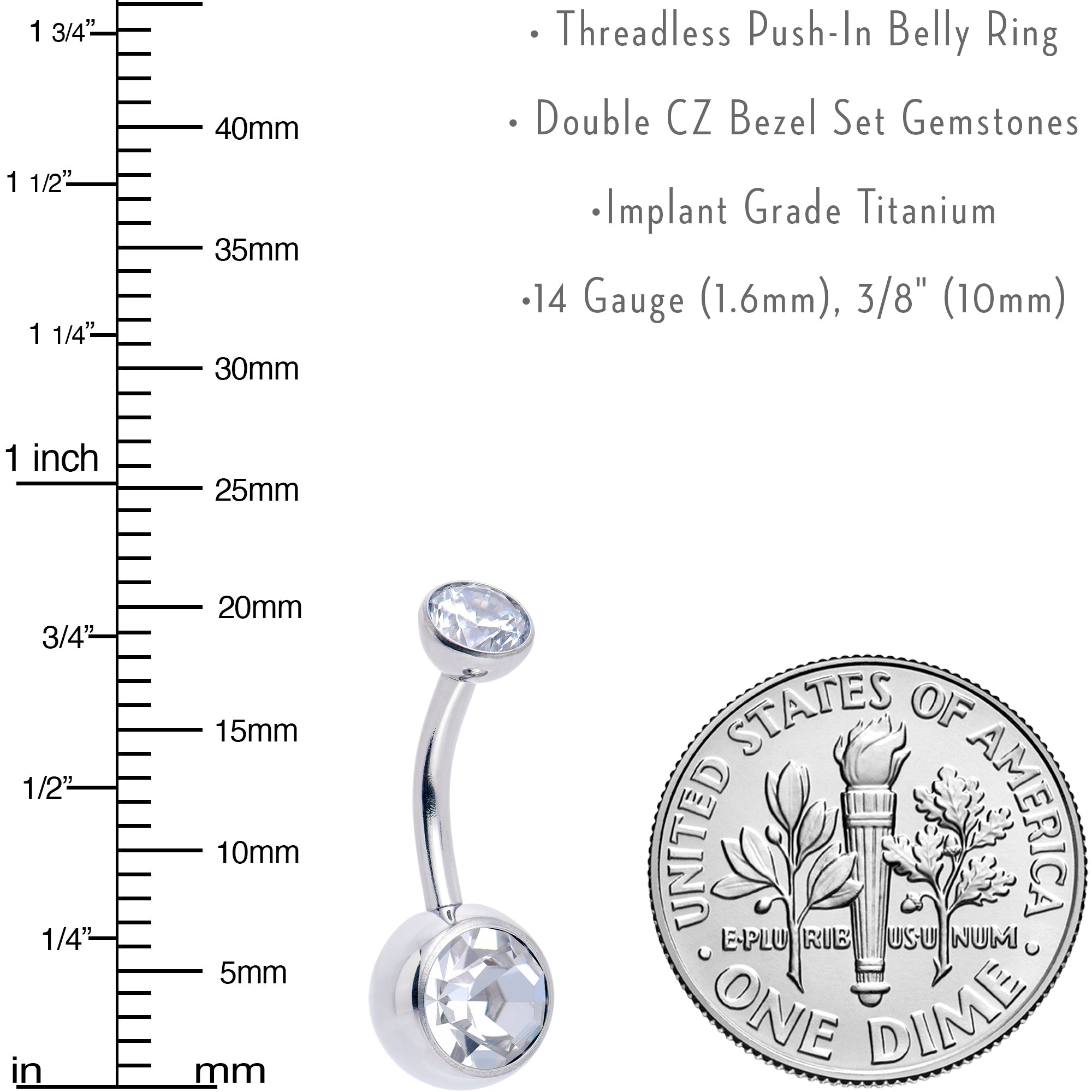 BodyCandy Double CZ Implant Grade Titanium Threadless Bezel Push In Belly Ring — side view
