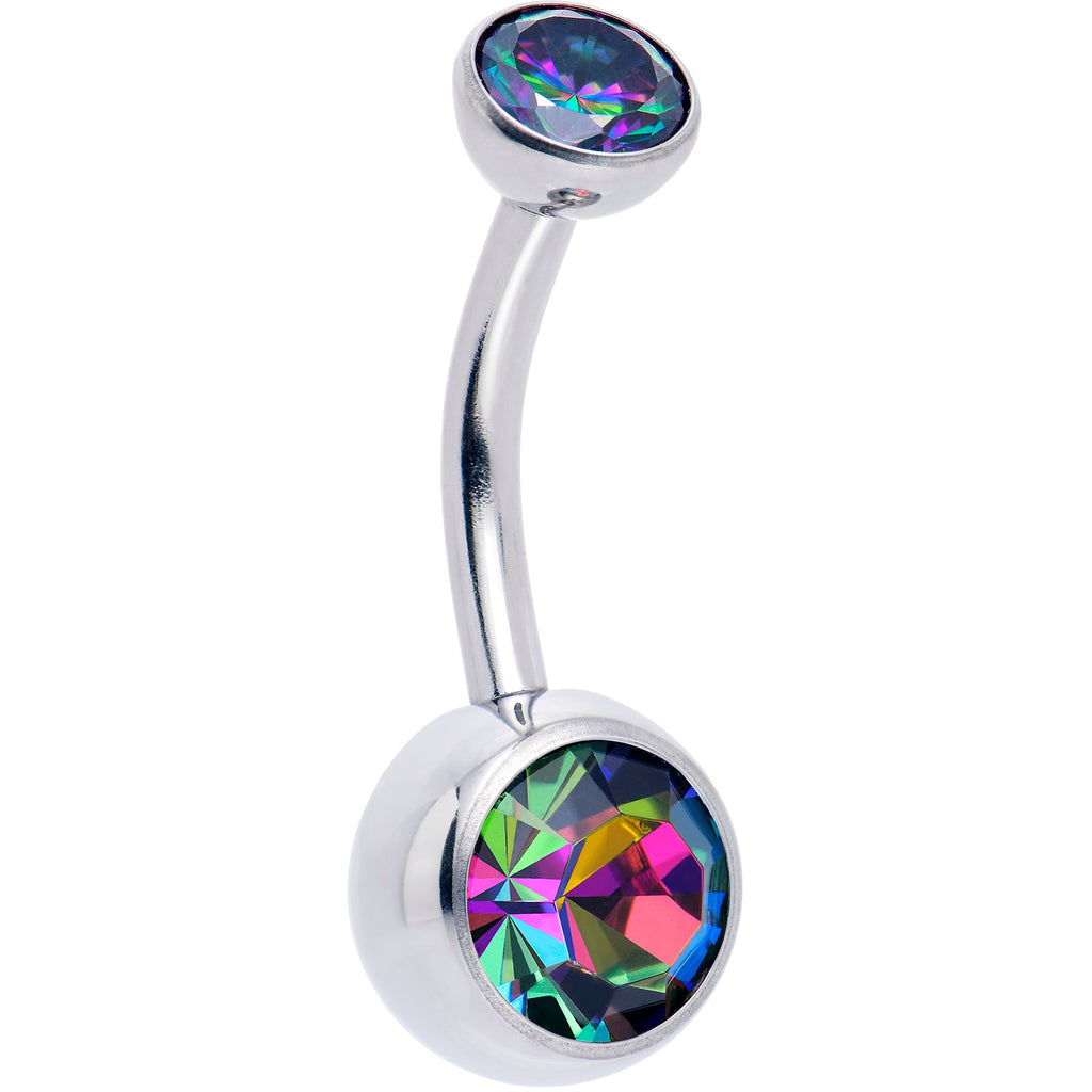 BodyCandy Double CZ Implant Grade Titanium Threadless Bezel Push In Belly Ring — product on model