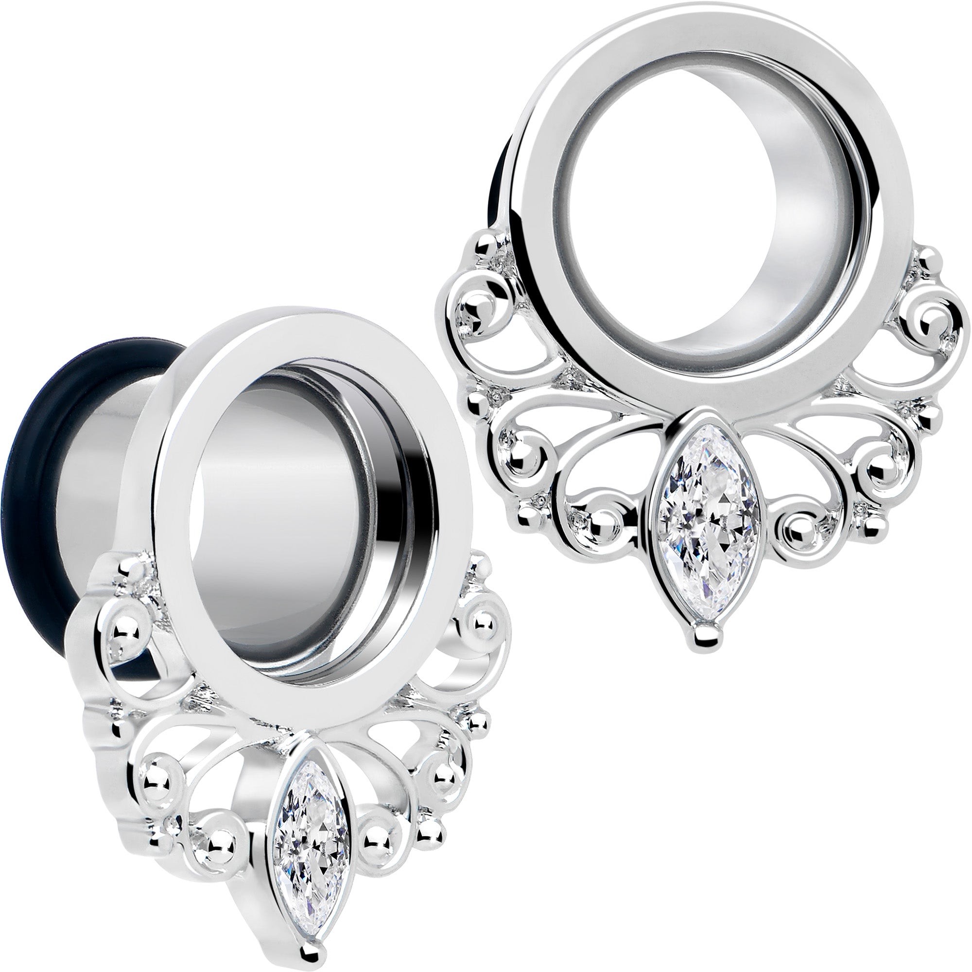 BodyCandy Clear Gem Drop Filigree Single Flare Tunnel Plug Set 6mm to 16mm — size reference