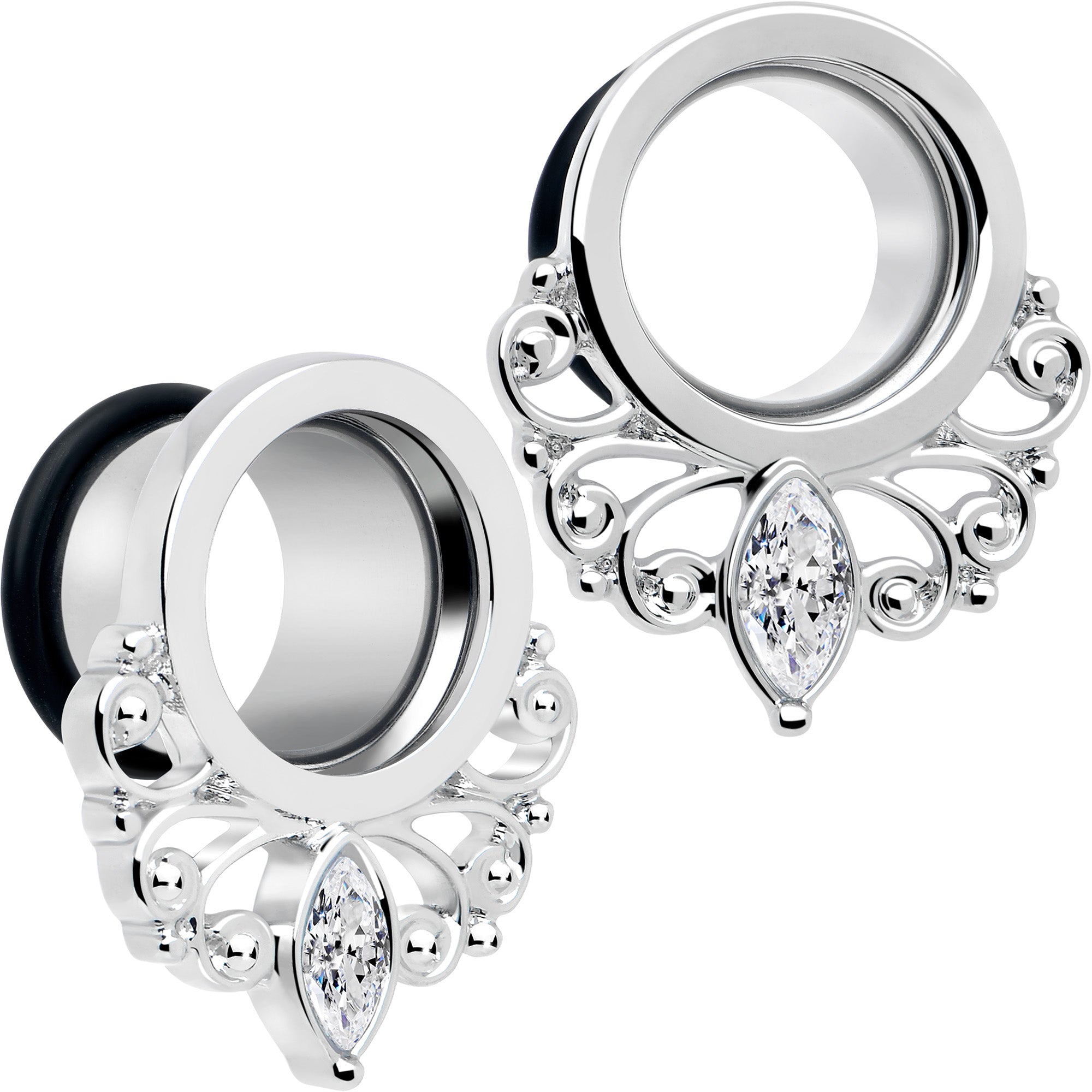 BodyCandy Clear Gem Drop Filigree Single Flare Tunnel Plug Set 6mm to 16mm — color detail