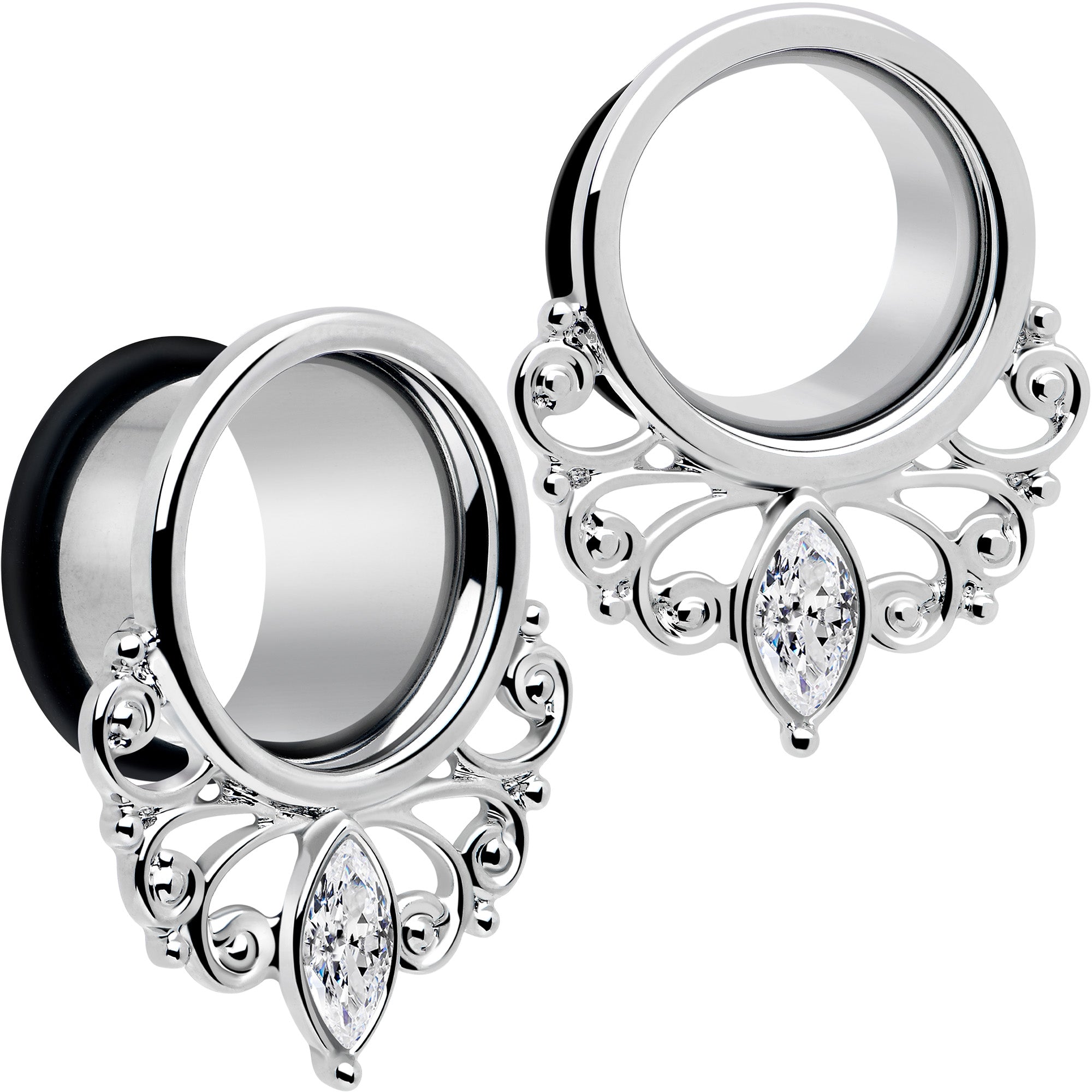 BodyCandy Clear Gem Drop Filigree Single Flare Tunnel Plug Set 6mm to 16mm — packaging