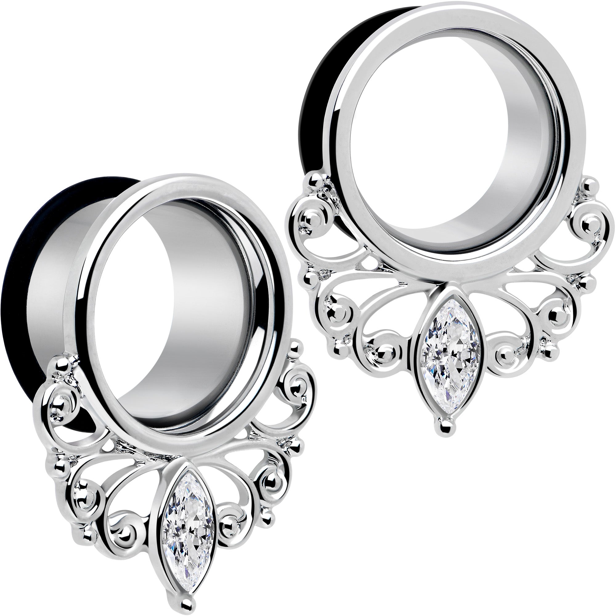 BodyCandy Clear Gem Drop Filigree Single Flare Tunnel Plug Set 6mm to 16mm — comparison shot