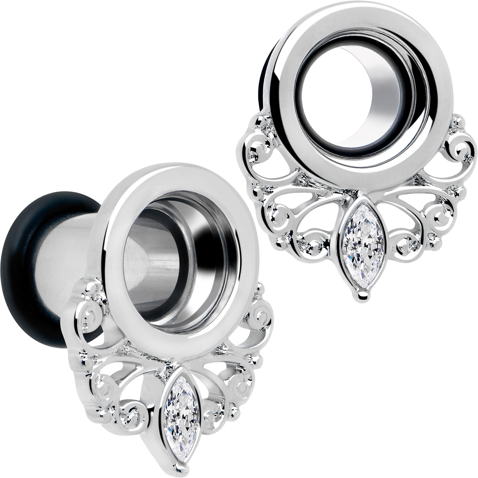 BodyCandy Clear Gem Drop Filigree Single Flare Tunnel Plug Set 6mm to 16mm — alternative angle
