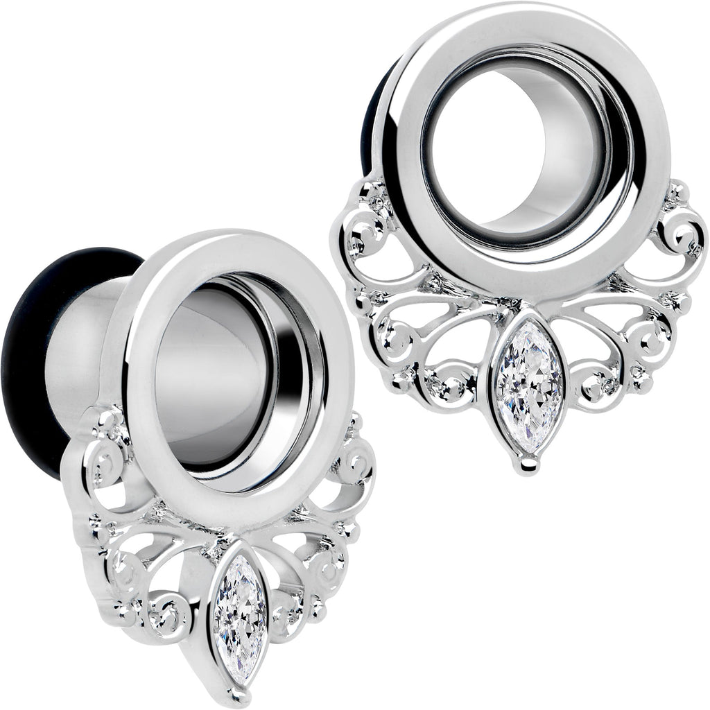 BodyCandy Clear Gem Drop Filigree Single Flare Tunnel Plug Set 6mm to 16mm — in-use photo