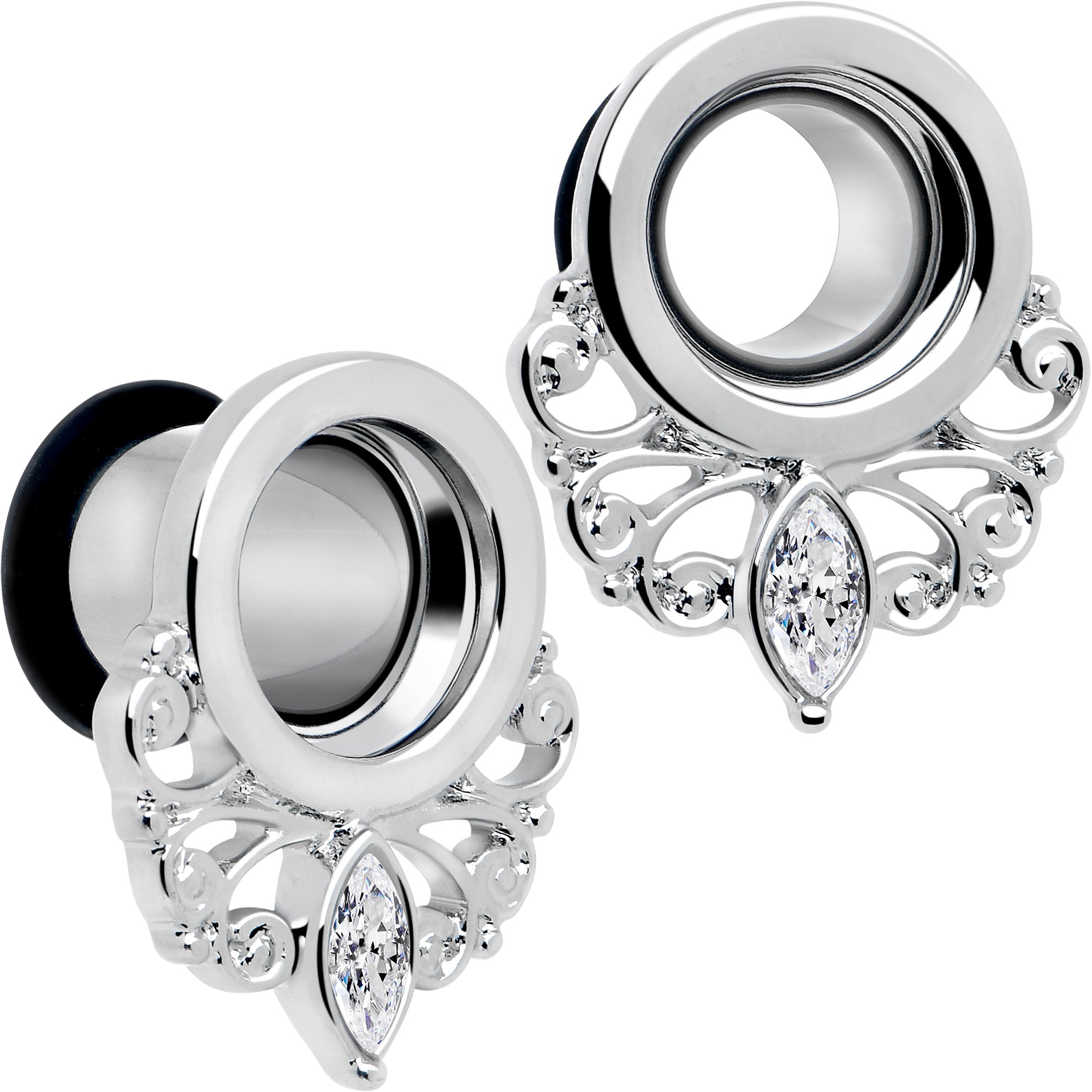 BodyCandy Clear Gem Drop Filigree Single Flare Tunnel Plug Set 6mm to 16mm — in-use photo
