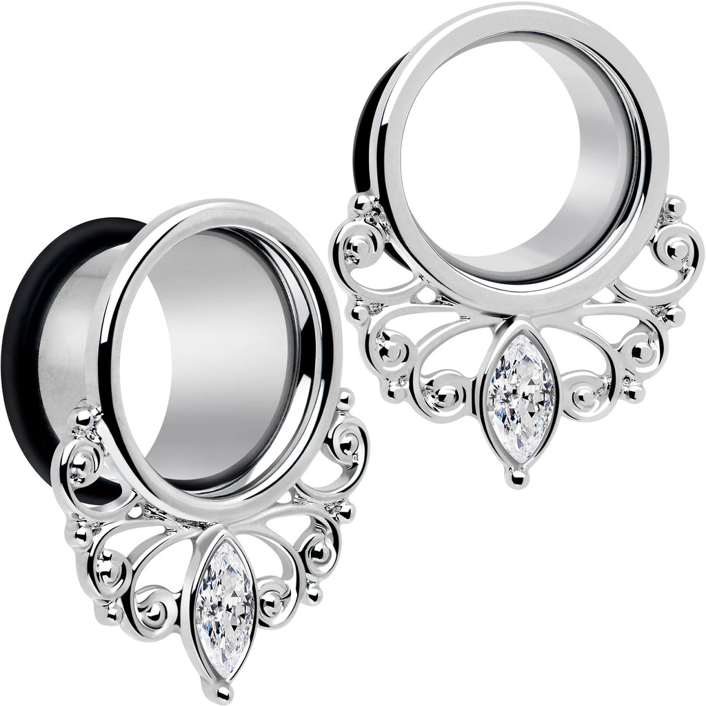 BodyCandy Clear Gem Drop Filigree Single Flare Tunnel Plug Set 6mm to 16mm — main product shot