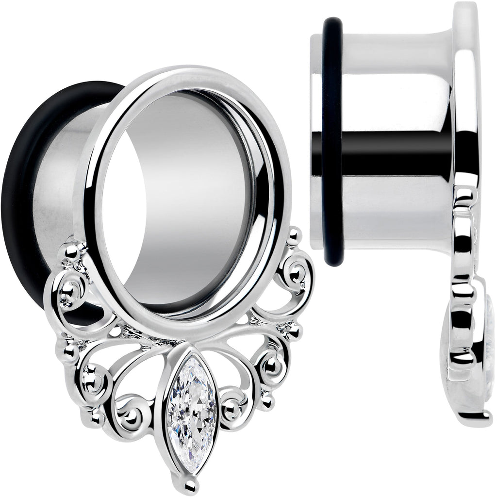 BodyCandy Clear Gem Drop Filigree Single Flare Tunnel Plug Set 6mm to 16mm — detail close-up