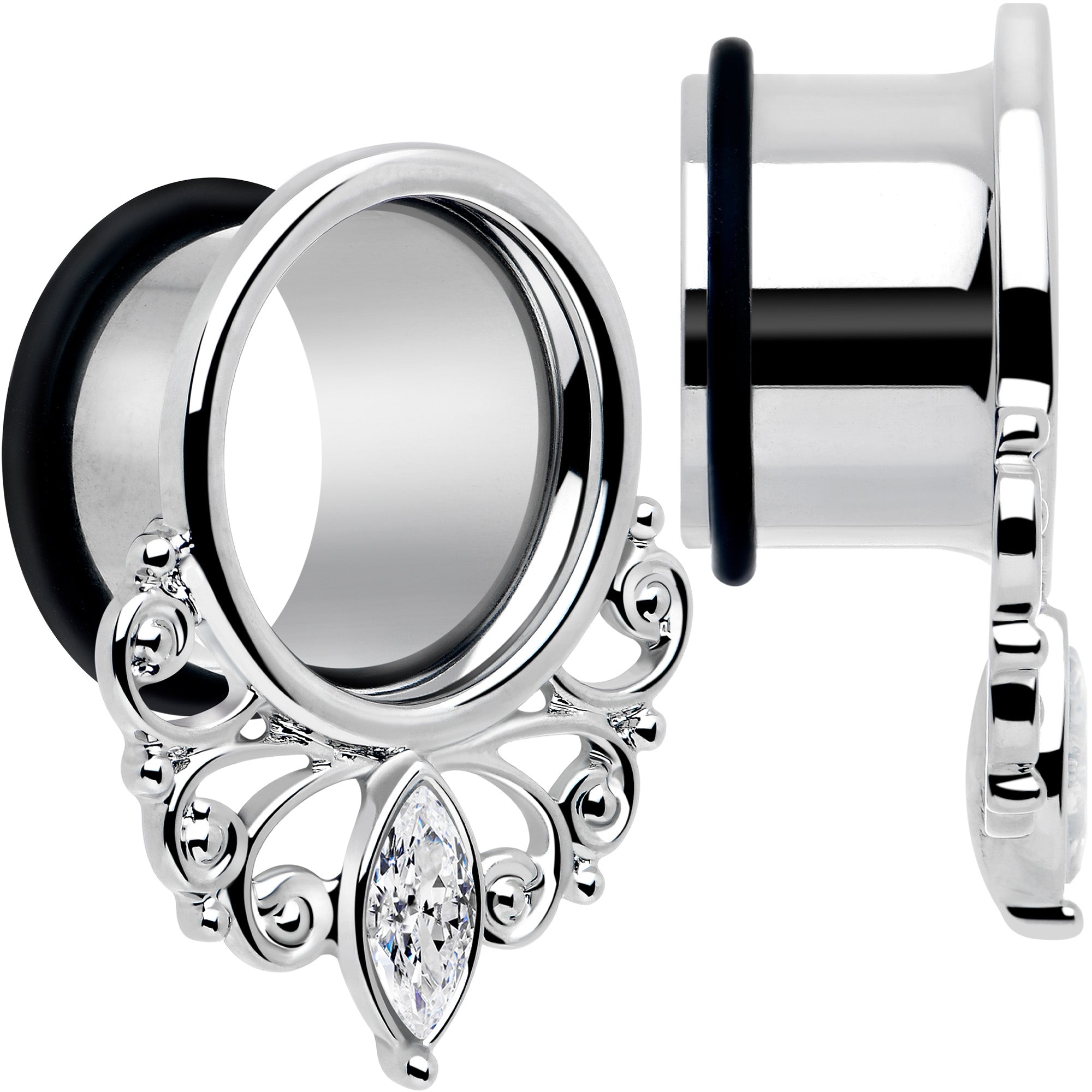 BodyCandy Clear Gem Drop Filigree Single Flare Tunnel Plug Set 6mm to 16mm — detail close-up