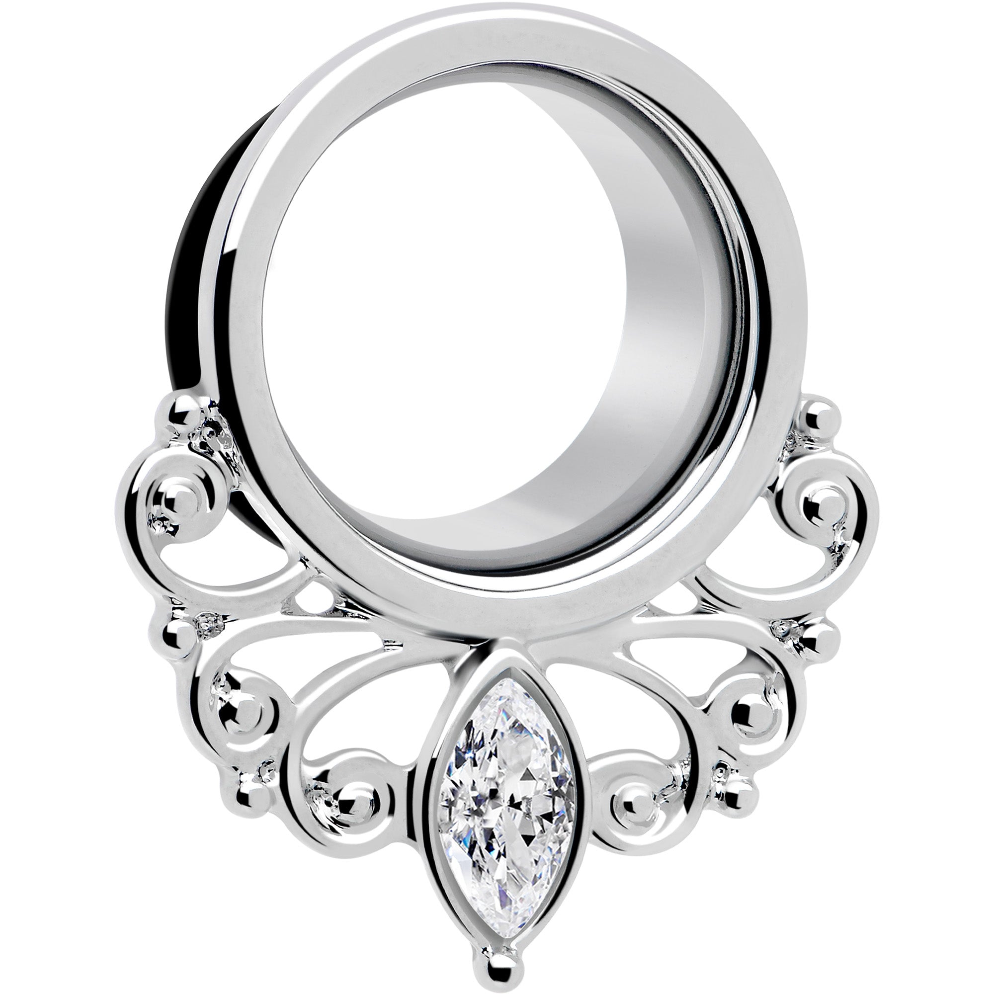 BodyCandy Clear Gem Drop Filigree Single Flare Tunnel Plug Set 6mm to 16mm — side view