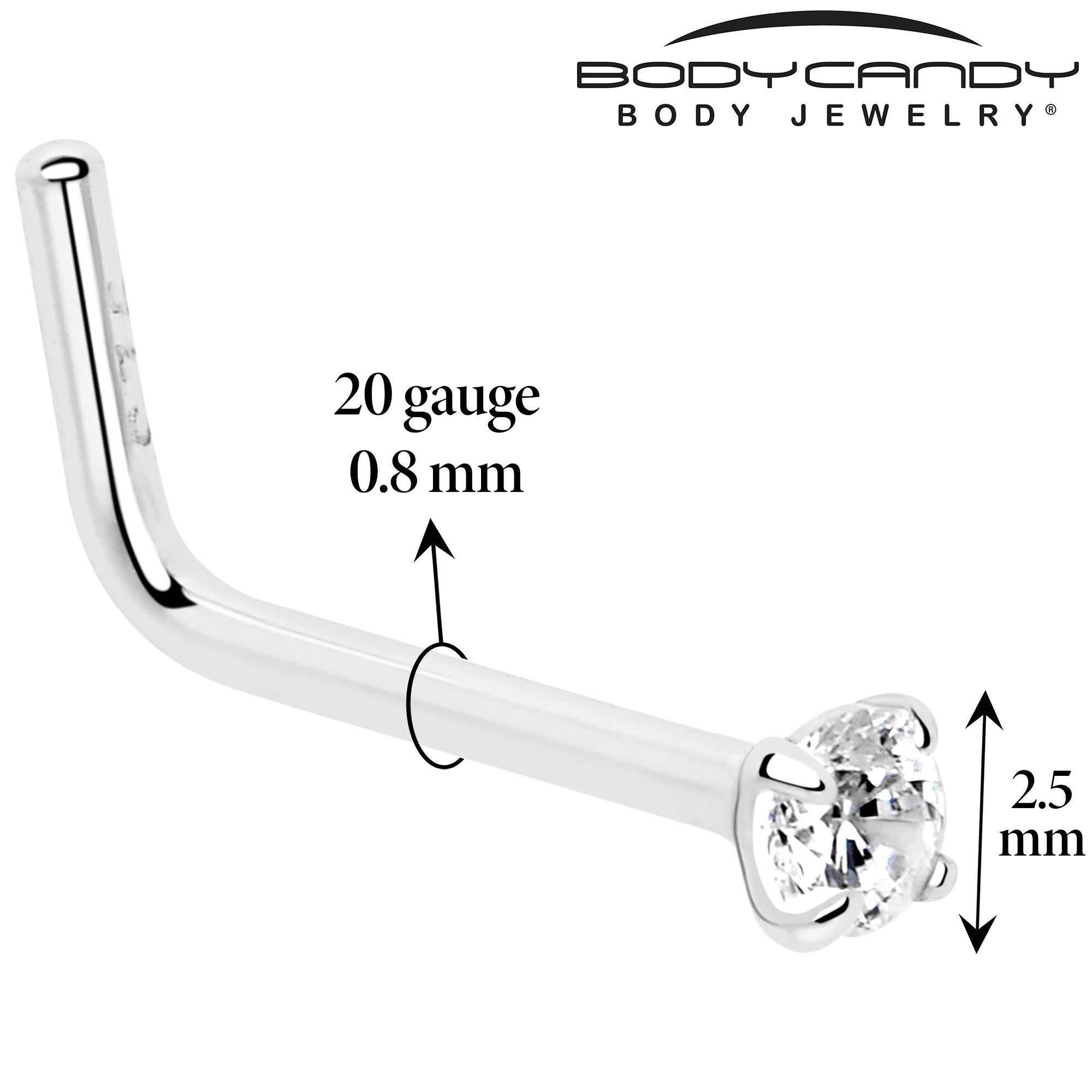 BodyCandy 20G Gold Plated 925 Sterling Silver 2mm CZ L-Shape Nose Ring — detail close-up
