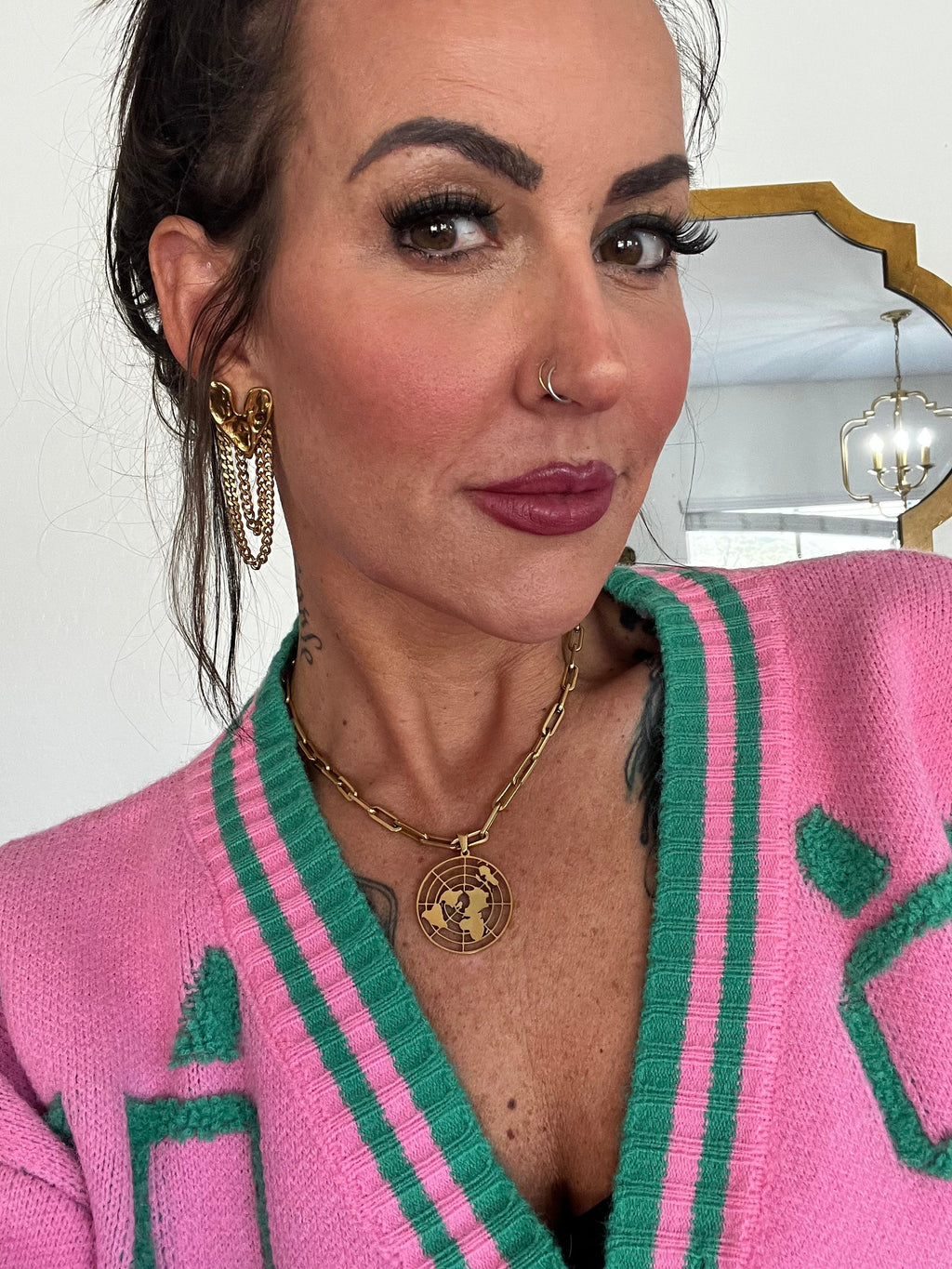 Pretty Little Patriot Pretty Little Patriot Biblical Flat Earth 18k gold Necklace — lifestyle worn / used context