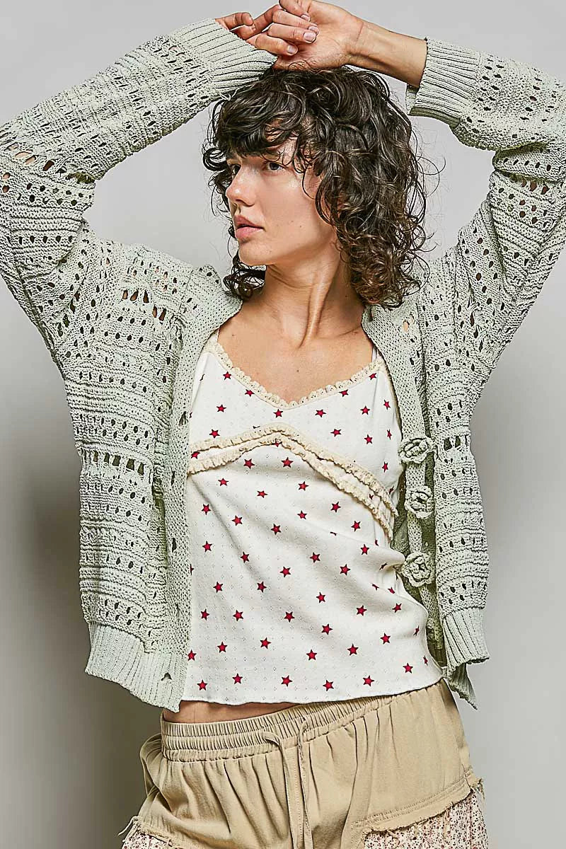 POL Open-Knit Floral Button Cardigan