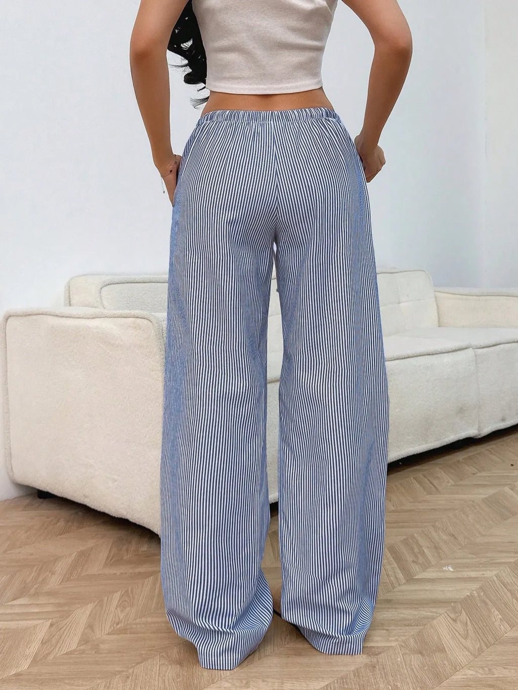 Drawstring Striped Wide Leg Pants