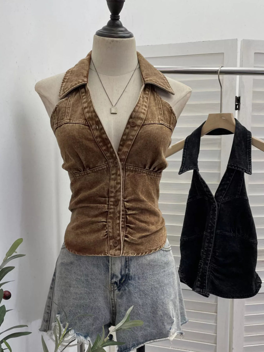 Smocked Denim Halter Collar Top
