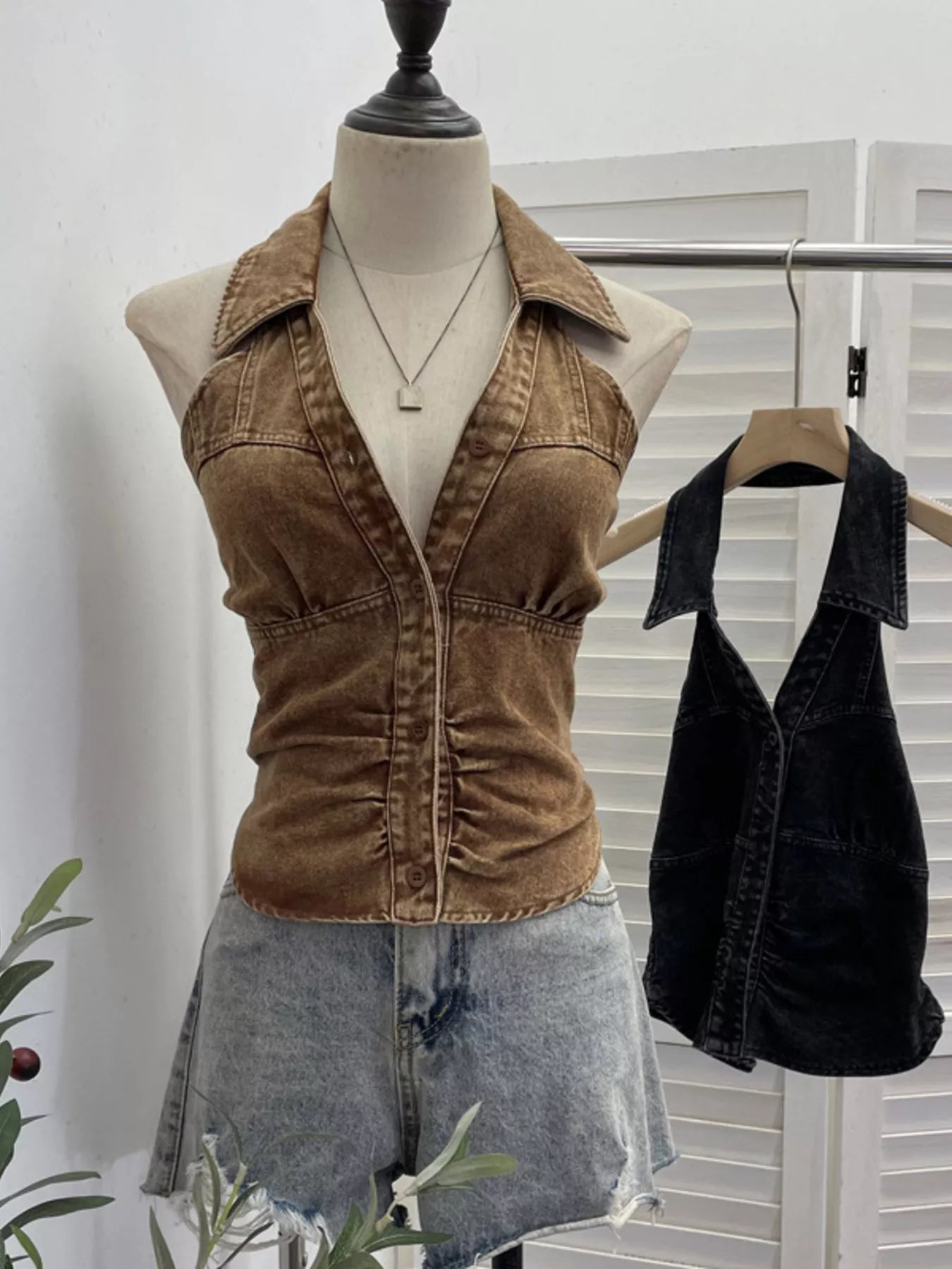 Smocked Denim Halter Collar Top