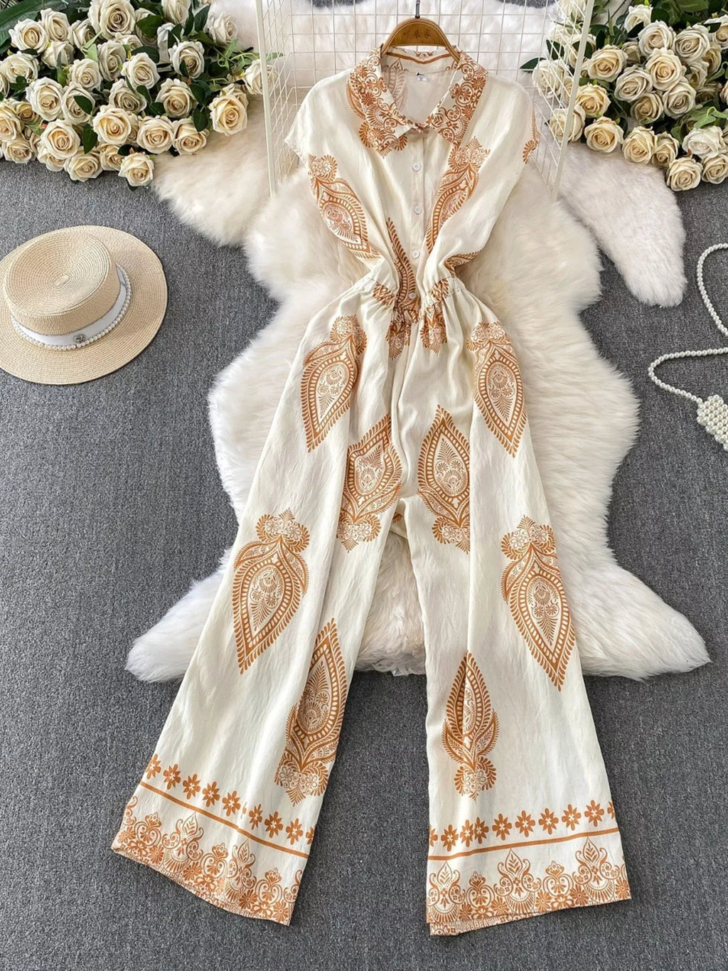 Button Front Wide Leg Jumpsuit