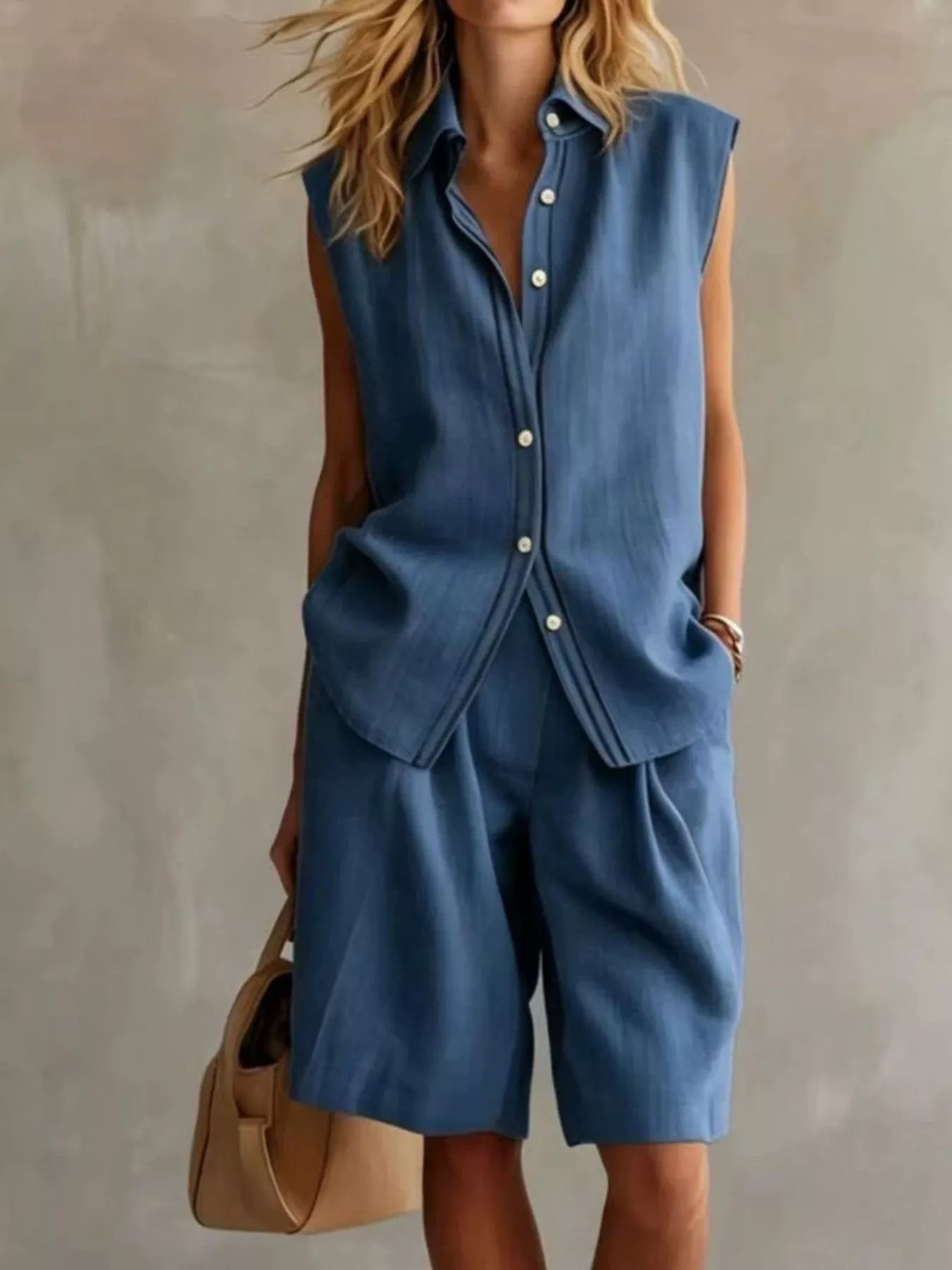 Sleeveless Button Up Top and Shorts Set