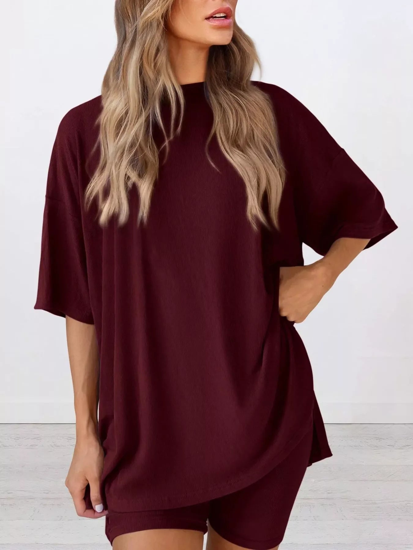 Full Size Relaxed Fit Round Neck Top and Shorts Two-Piece Set Plus Size