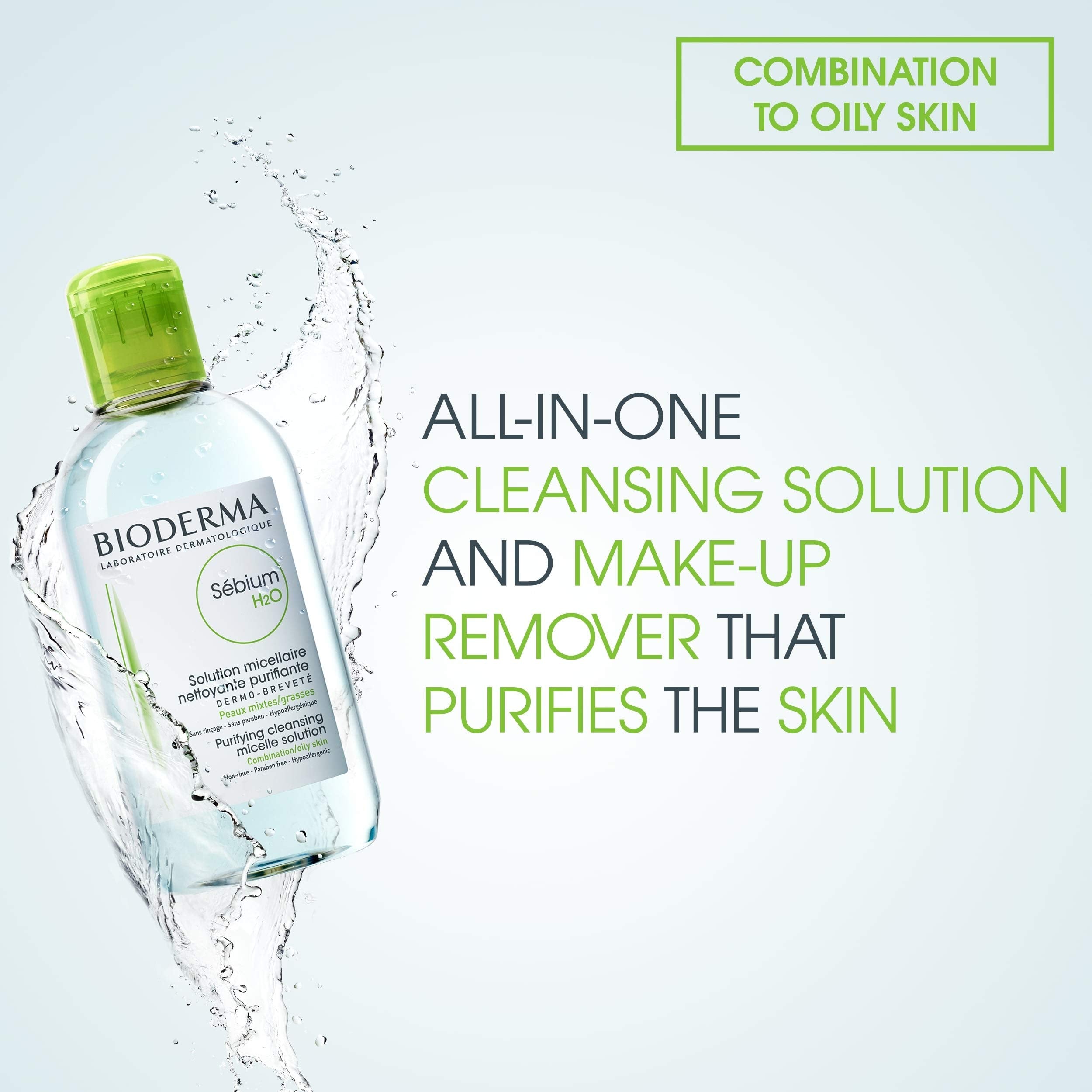Bioderma Sebium H2O Cleansing Water for Combination/Oily Skin - 8.45 fl oz, Non-Comedogenic, No-Rinse Formula